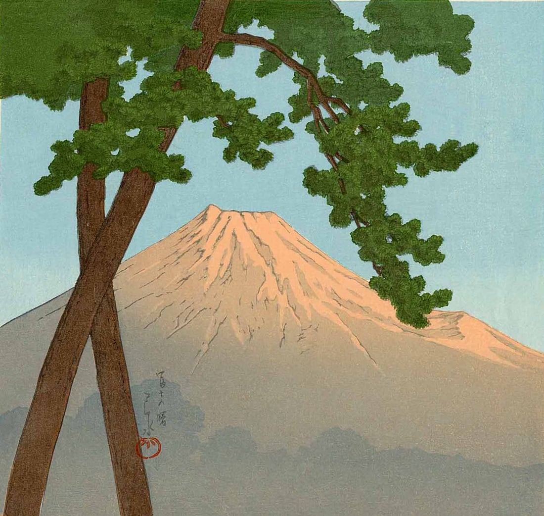 Hasui Kawase: Mt. Fuji at Dawn Woodblock NR: Japanese Woodblock Print, originally published 1935 by Kato Junji, this later edition published by Takashi from the original block set, from the series Twelve Scenes of Famous Places SIZE IN INCHES: s
