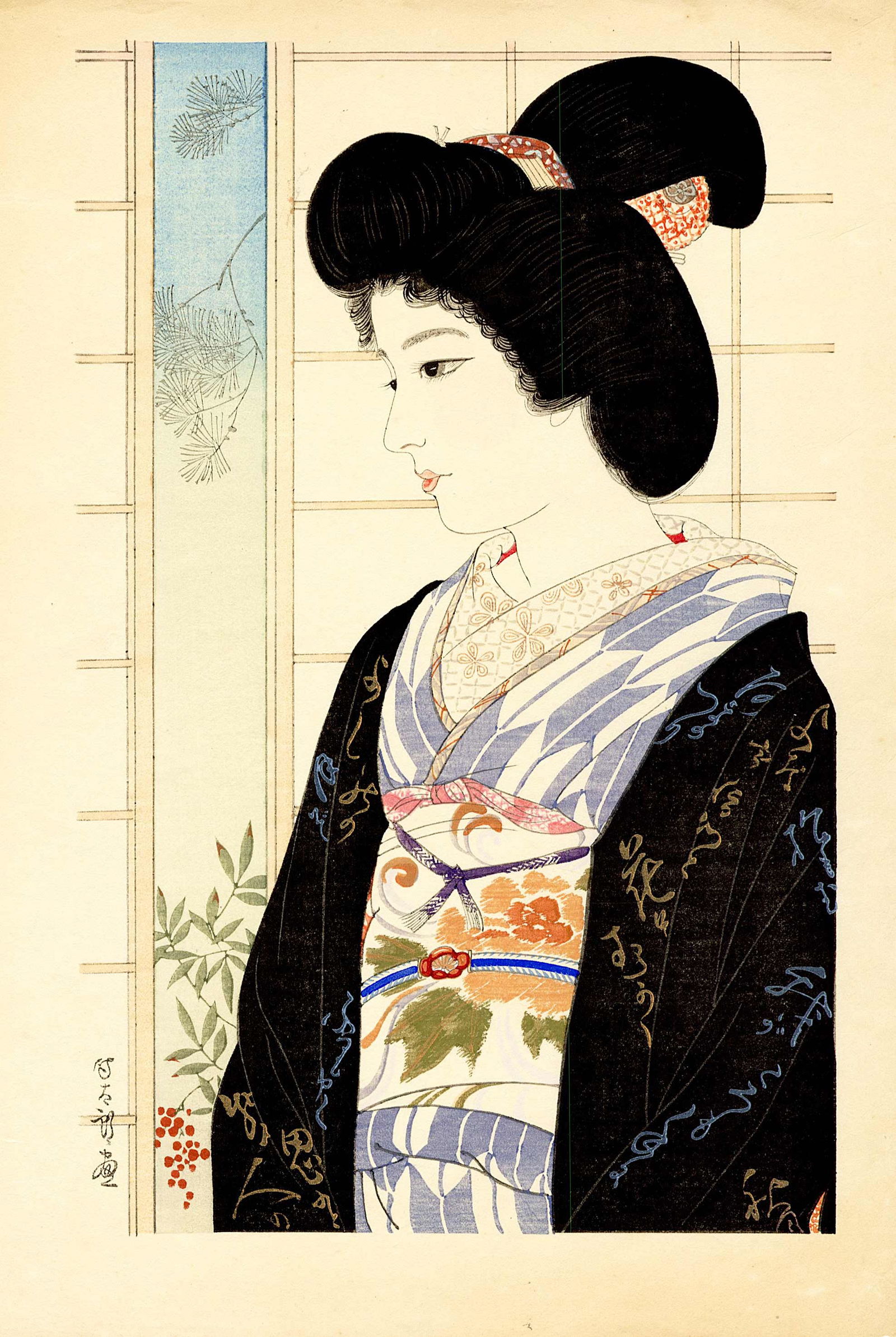Iwata Sentaro: Beauty in Alphabet Kimono c.1930s Woodblock: Japanese Woodblock Print, 1930s, SIZE IN INCHES: oban , 10 x 14.75 inches COMMENTS: A beauty is standing in front of a half-opened shoji screen. A pine branch and red Nandin tree are peeking out. This