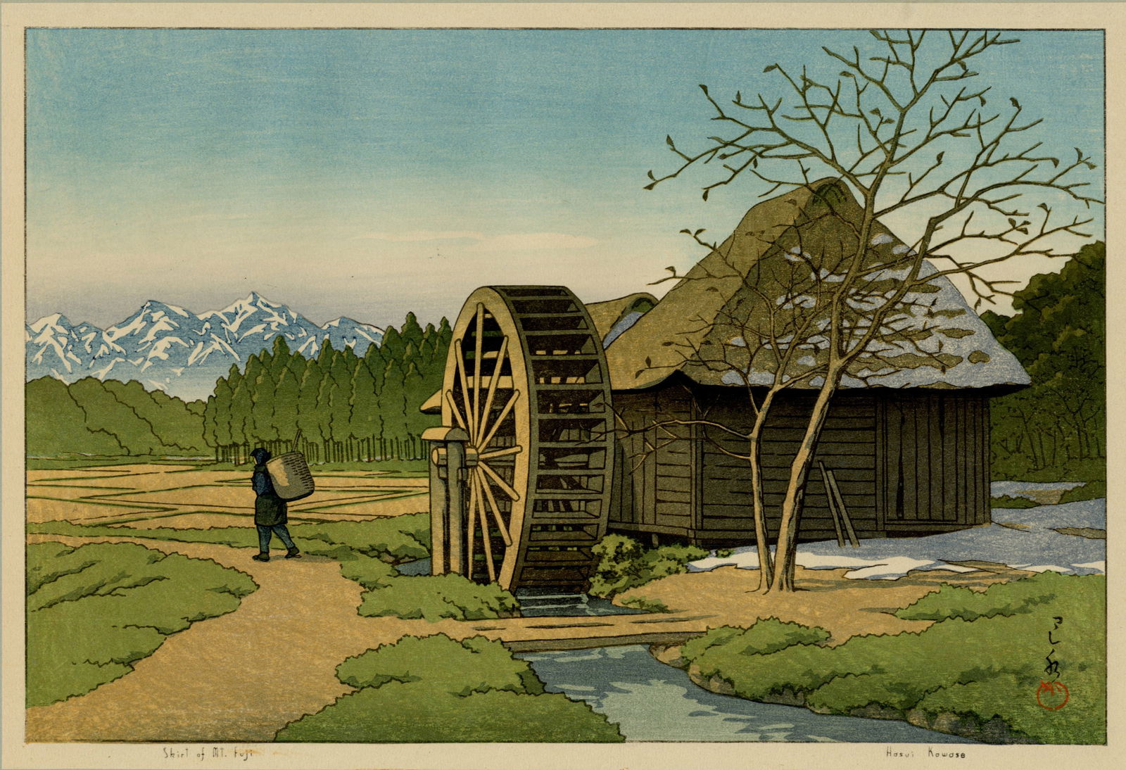 Kawase Hasui: Skirt of Mt Fuji 1953 1st Ed Woodblock: Japanese Woodblock Print, 1953 1st/Only Edition, published by Shozaburo Watanabe for Pacific Transport Lines calendar in a single edition of only 500 SIZE IN INCHES: oban, 15 x 10.25 inches COMMENTS: