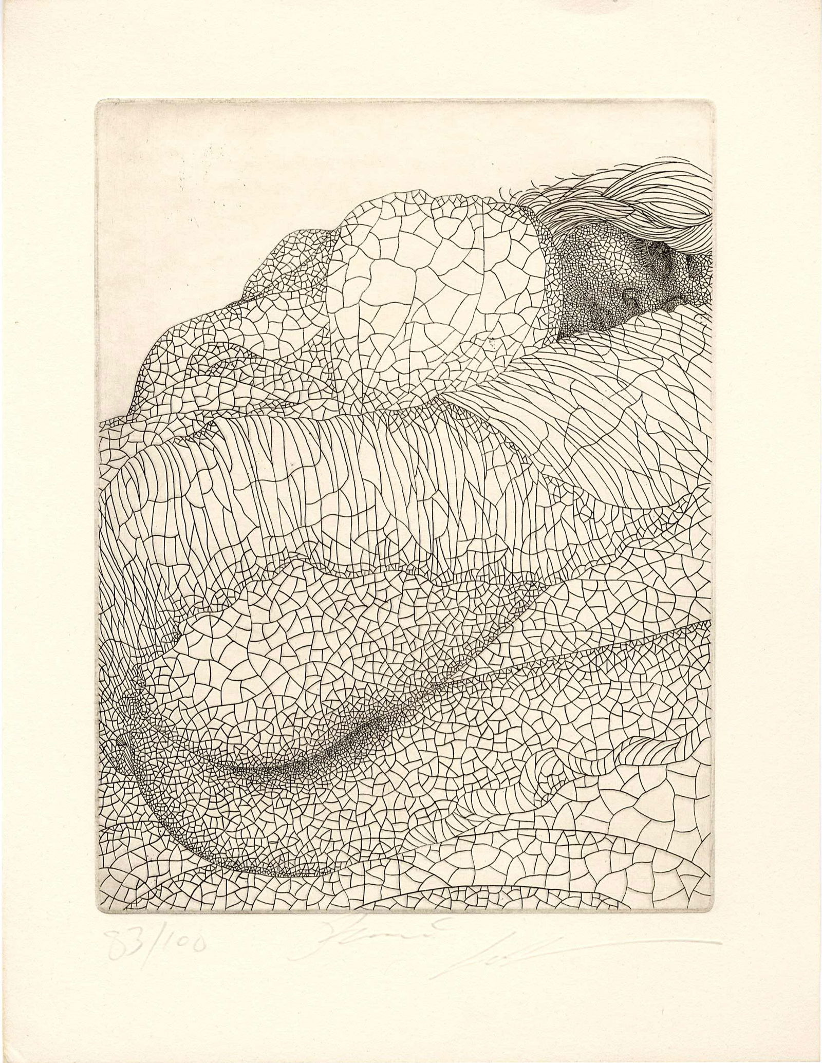 Keito Jo: Curled Up Copperplate Etching: Japanese Copperplate Etching, c.1980, pencil signed and numbered 83/100 SIZE IN INCHES: 9.5 x 12.25 inches JO KEITO (b.1946) was born in Aichi Prefecture (Honshu island) as the third child in the fami