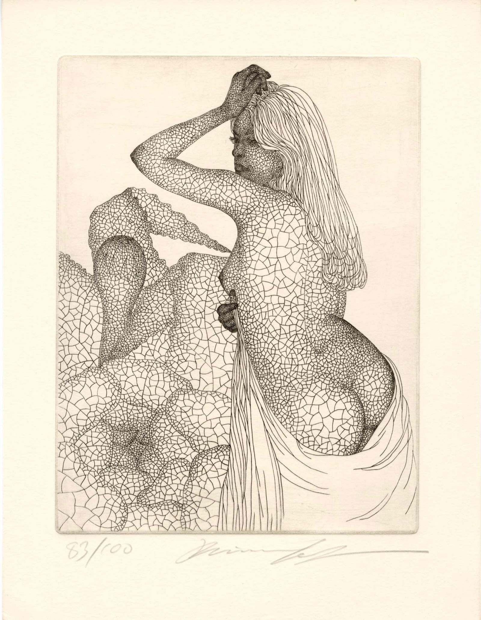 Keito Jo: Nude with Sheet Copperplate Etching: Japanese Copperplate Etching, c.1980, pencil signed and numbered 83/100 SIZE IN INCHES: 9.5 x 12.25 inches JO KEITO (b.1946) was born in Aichi Prefecture (Honshu island) as the third child in the fami