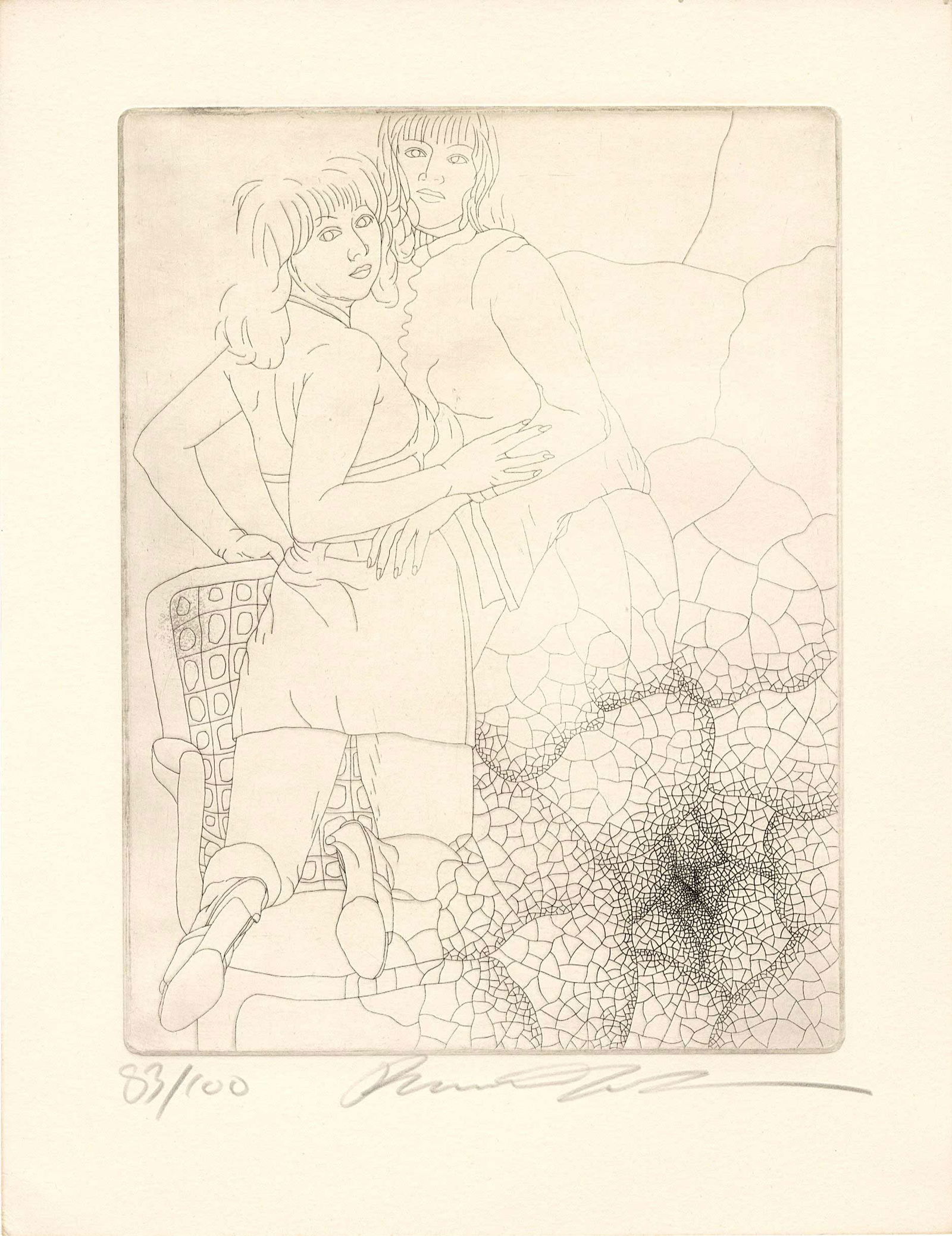 Keito Jo: Two Women Copperplate Etching: Japanese Copperplate Etching, c.1980, pencil signed and numbered 83/100 SIZE IN INCHES: 9.5 x 12.25 inches JO KEITO (b.1946) was born in Aichi Prefecture (Honshu island) as the third child in the fami