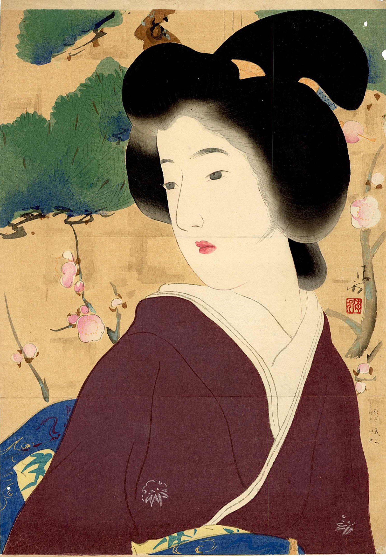 Kiyokata Kaburage: Shunshou 1914 Woodblock: Japanese Woodblock Print, 1914, kuchie-e with typical folds SIZE IN INCHES: kuchie-e , 8.5 x 12 inches COMMENTS: Original early printing. RARE KABURAGI KIYOKATA initially made his living as an illustr