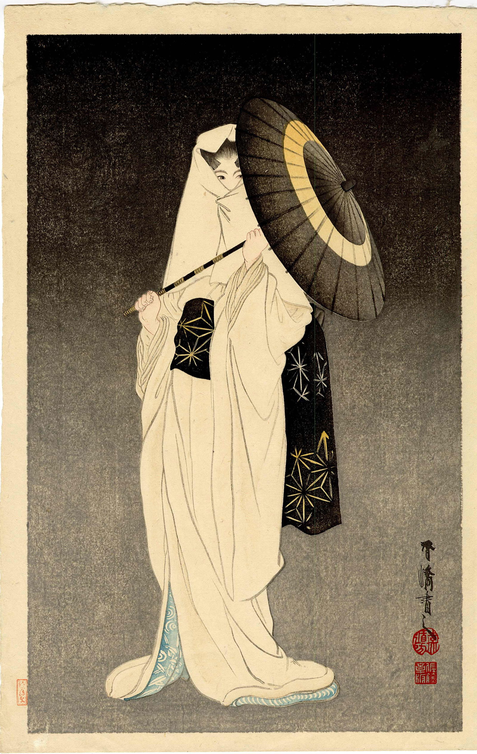 Kokyo Taniguchi: Spirt of the Heron Maiden 1925 Woodblock: Japanese Woodblock Print, 1920s published by Sato Shotaro SIZE IN INCHES: oban , approx. 10.75 x 16.5 inches KOKYO TANIGUCHI (1864-1915) was a pupil of Kono Bairei, one of the most important Meiji pai