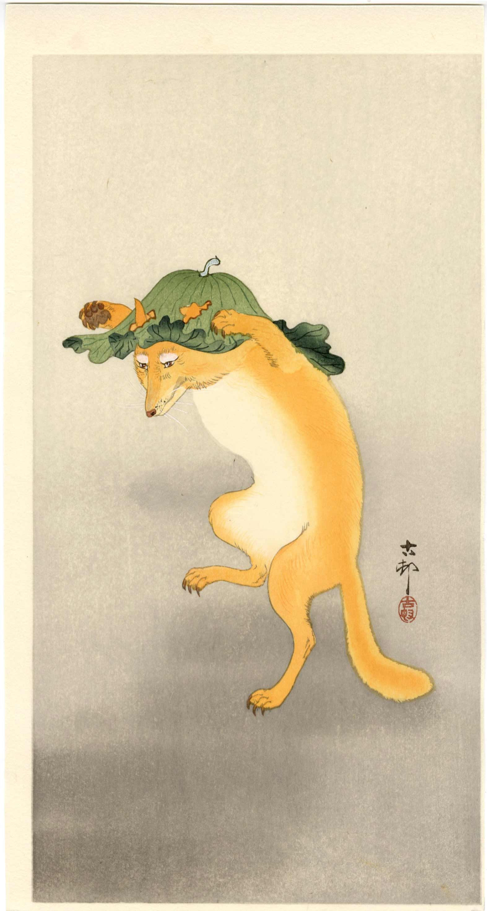 Koson Ohara: Dancing Fox Woodblock: Japanese Woodblock Print, 1920s, this is an excellent Riwa printing from recarved woodblocks SIZE IN INCHES: ohosoban , 7.5 x 15 inches COMMENTS: Fine copy of one of Koson's most sought-after designs