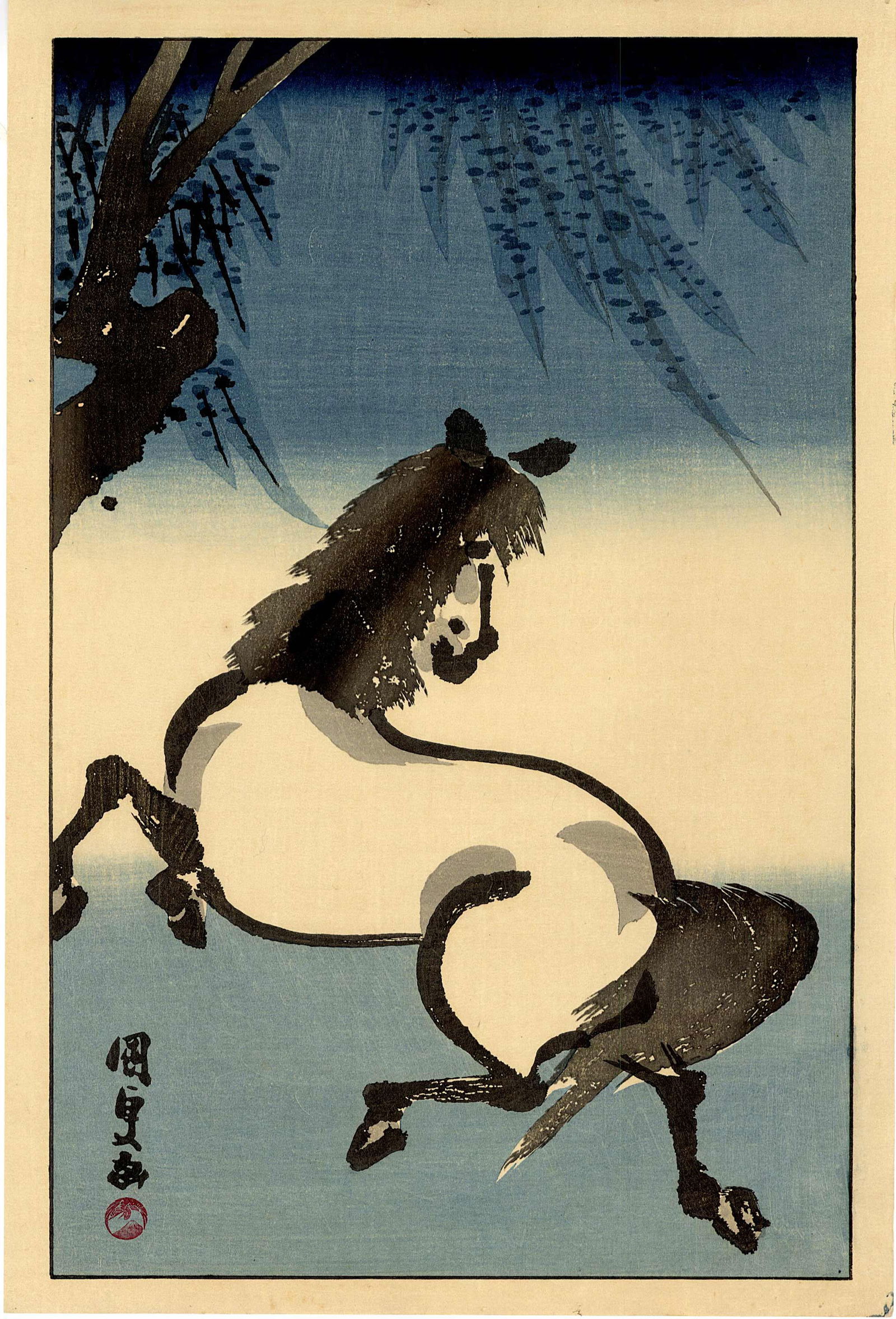 Kunisada Utagawa: Horse in Action Woodblock: Japanese Woodblock Print, originally 1860s, this is a Showa era strike printed from recarved woodblocks by the Shima Art Company SIZE IN INCHES: oban , 15 x 10 inches KUNISADA UTAGAWA (TOYOKUNI III) (