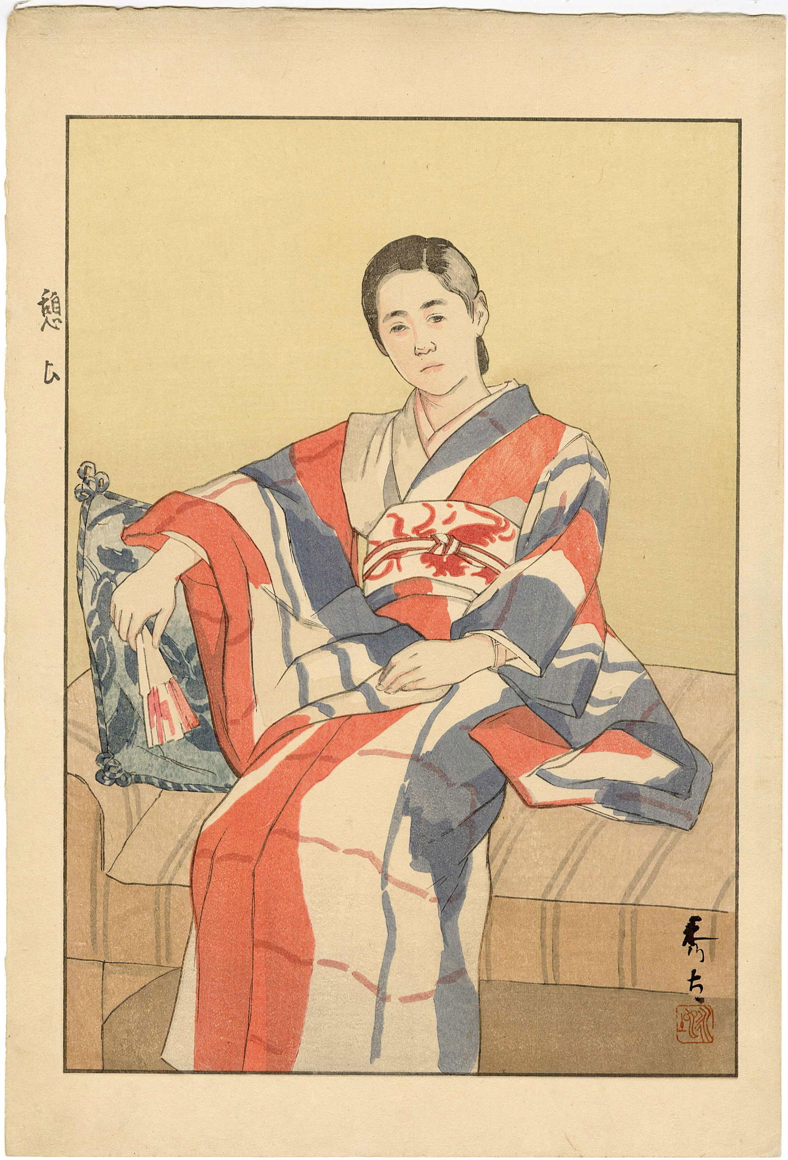 Nagachi Hideta: Rest (Ikoi) 1936 Woodblock NR: Japanese Woodblock Print, 1936, published by Onoda Mototsugu SIZE IN INCHES: oban , 11 x 16 inches COMMENTS: Ikoi (Rest). A young woman relaxes on a cushioned seat, her arm resting on a pillow and her