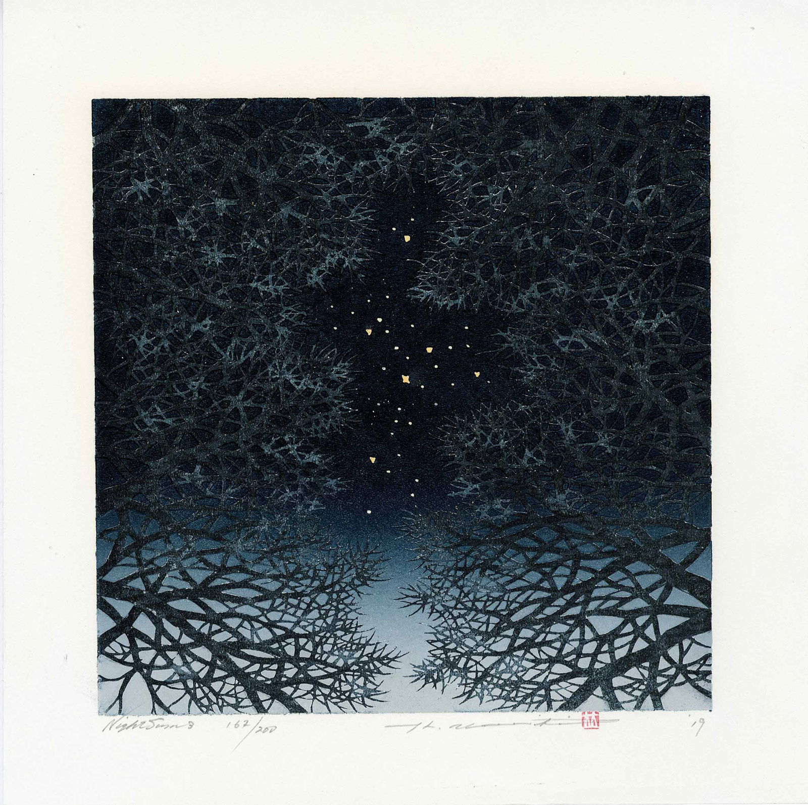 Namiki Hajime: Night Scene 3 2019 1st Ed. Woodblock: Japanese Woodblock Print, 2019, 1st edition, self published, pencil signed, dated, titled and numbered 162/200 SIZE IN INCHES: shikishi, 11.75 x 11.75 inches COMMENTS: Namiki's prints must be seen in