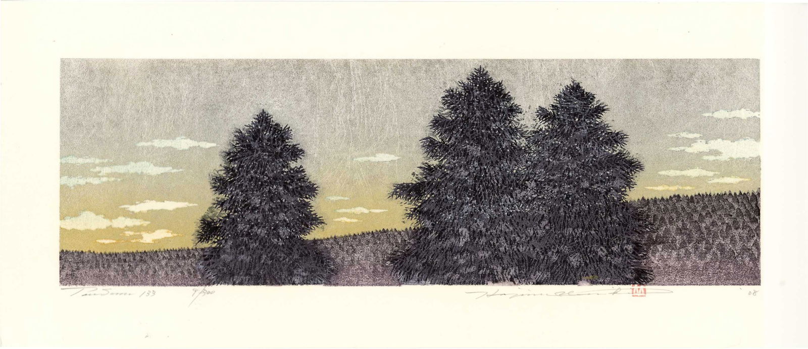 Namiki Hajime: Tree Scene 133 2008 1st Ed Woodblock: Japanese Woodblock Print, 2008, 1st Edition, self published by Namiki Hajime, pencil signed, dated, titled, numbered 9/300 and sealed in the bottom margin SIZE IN INCHES: oban, 18.5 x 8 inches COMMENT