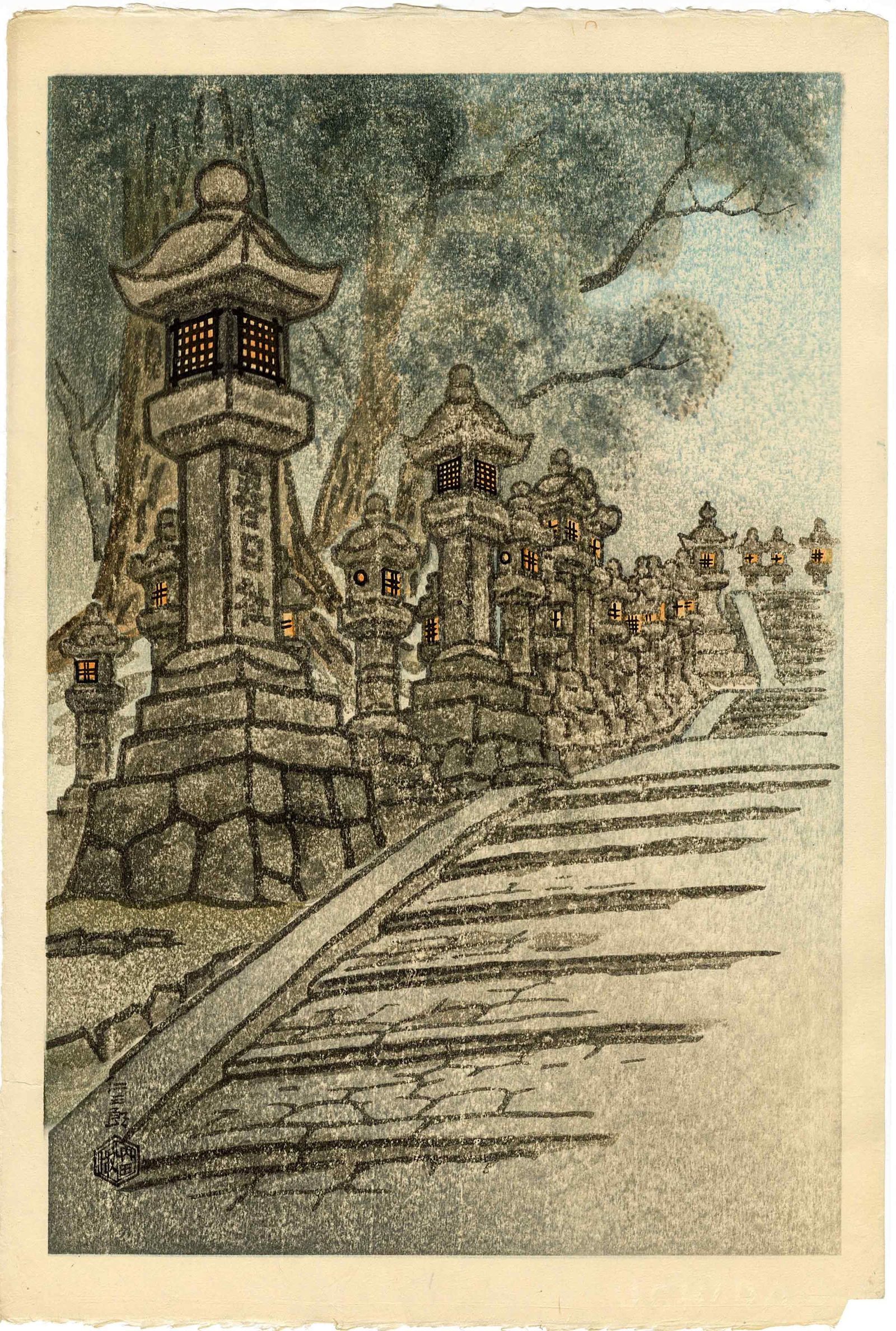 Nisaburo Ito: Stone Lanterns Kasuga Shrine 1950s Woodblock: Japanese Woodblock Print, c.1950, published by Uchida SIZE IN INCHES: oban , 11.375 x 17.5 inches COMMENTS: Gold foil used on the building. There are two versions of this print. The other version show