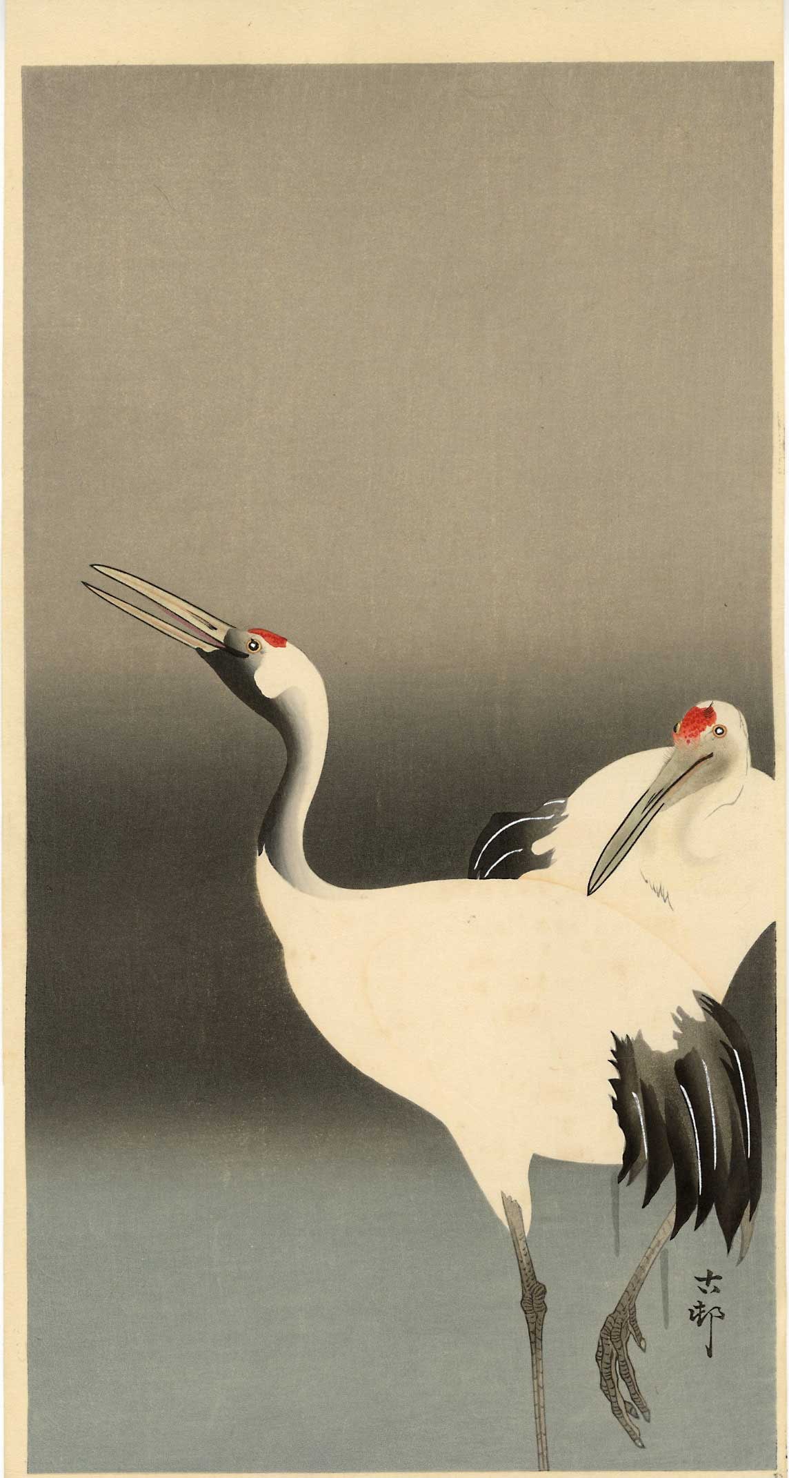 Ohara Koson: Emperor Cranes Woodblock: Japanese Woodblock Print, 1920s, published by Daikokuya, signed Koson SIZE IN INCHES: ohosoban, 14.25 x 7.5 inches PROVENANCE: From the Robert O. Muller estate OHARA KOSON (1877-1945), who also went b