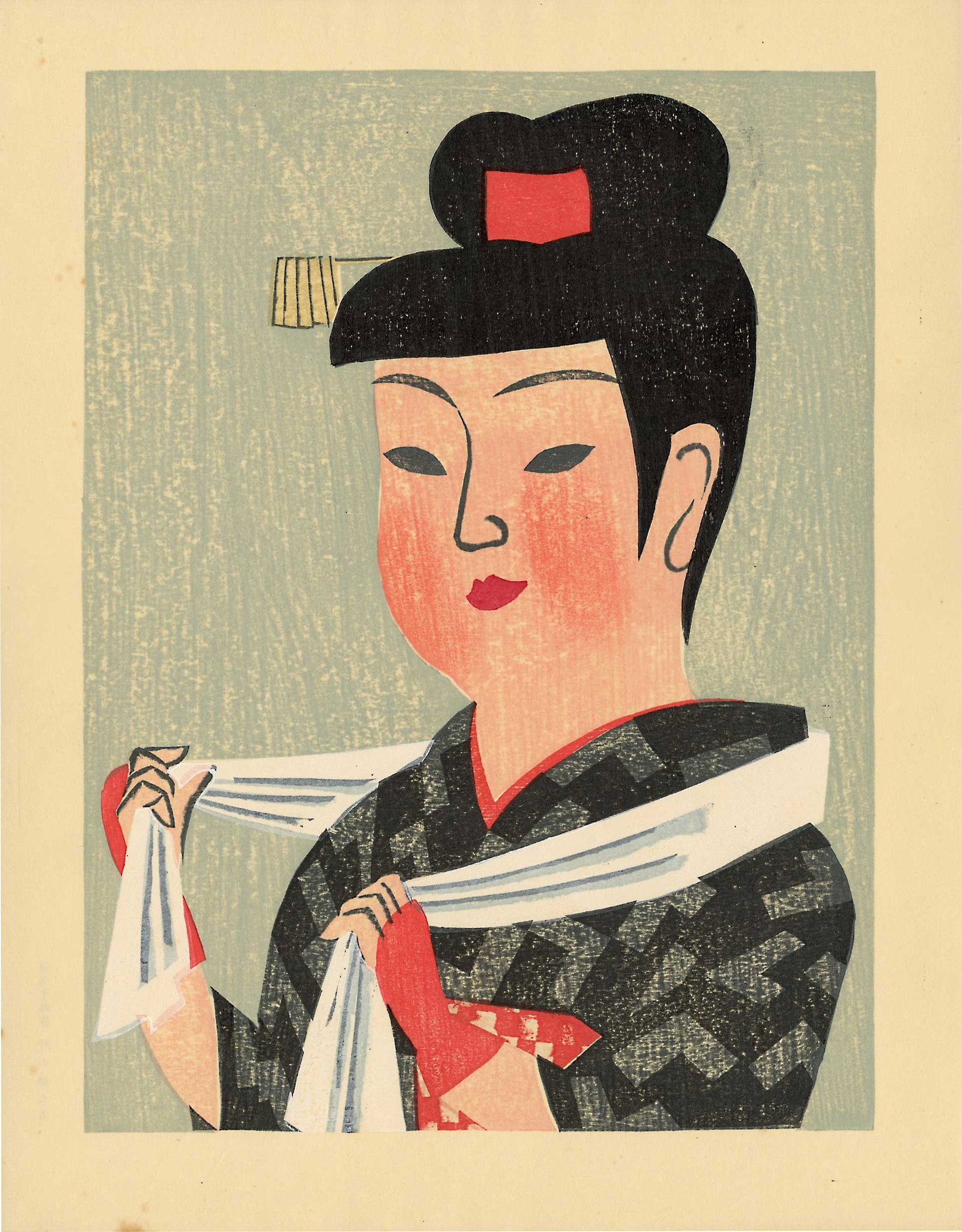 Senpan Maekawa: Girl with Hair Ornament 1961 Woodblock NR: Japanese Woodblock Print, 1959, 1st edition, self published, pencil signed, and numbered 294/570 SIZE IN INCHES: oban, 11.75 x 16.25 inches COMMENTS: Included in the book "The Modern Japanese Print, A