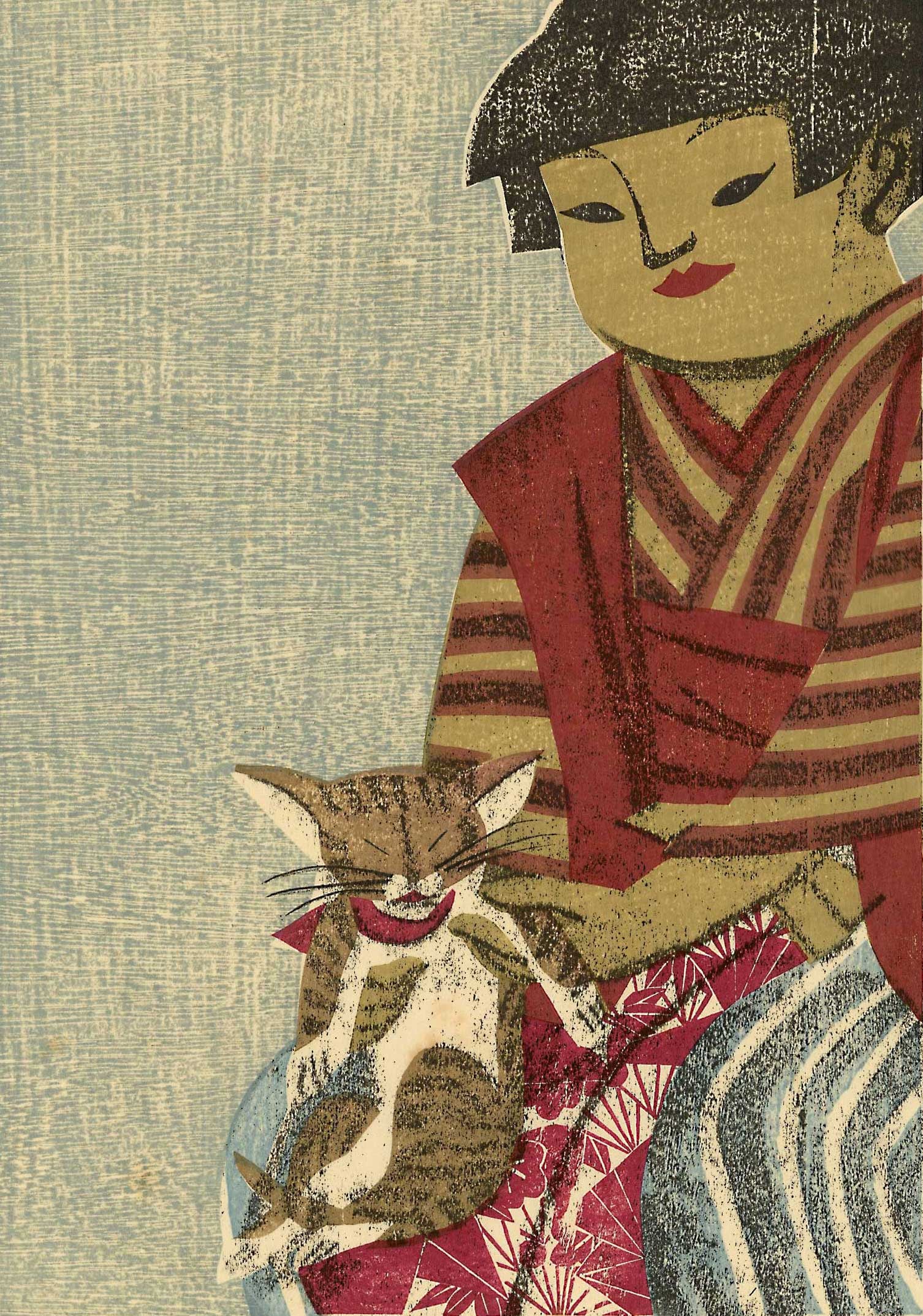 Senpan Maekawa: Girl with Her Cat 1961 Woodblock NR: Japanese Woodblock Print, 1959, 1st edition, self published, pencil signed, and numbered 294/570 SIZE IN INCHES: oban, 11.75 x 16.25 inches COMMENTS: Included in the book "The Modern Japanese Print, A
