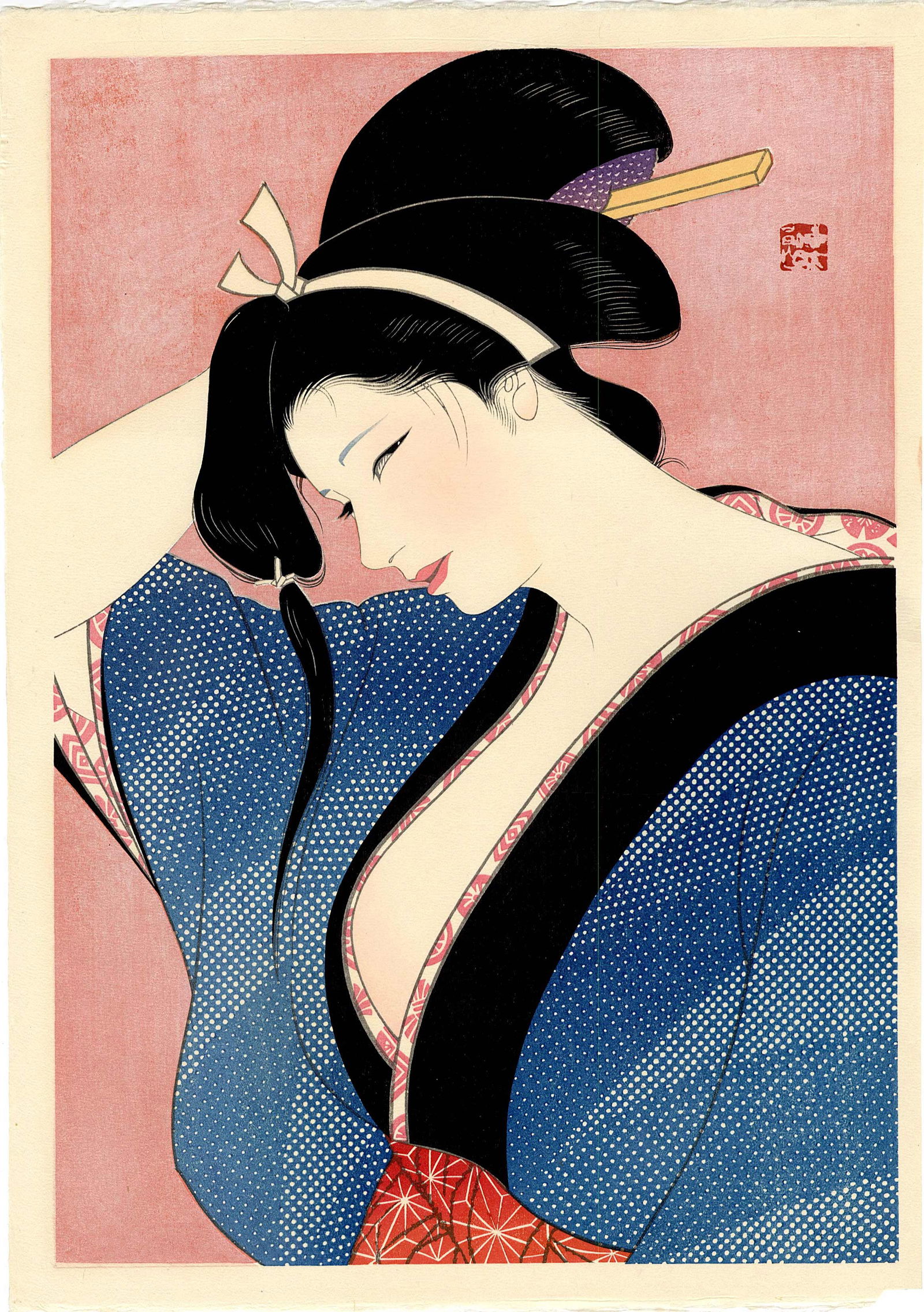 Sentaro Iwata: Edo Era Beauty 1970 Woodblock: Japanese Woodblock Print, 1970, portrait of a Japanese beauty after bathing from the series Compilation of Masterpieces of Bijin Woodblock Prints , published between 1960-70. SIZE IN INCHES: oban , 16