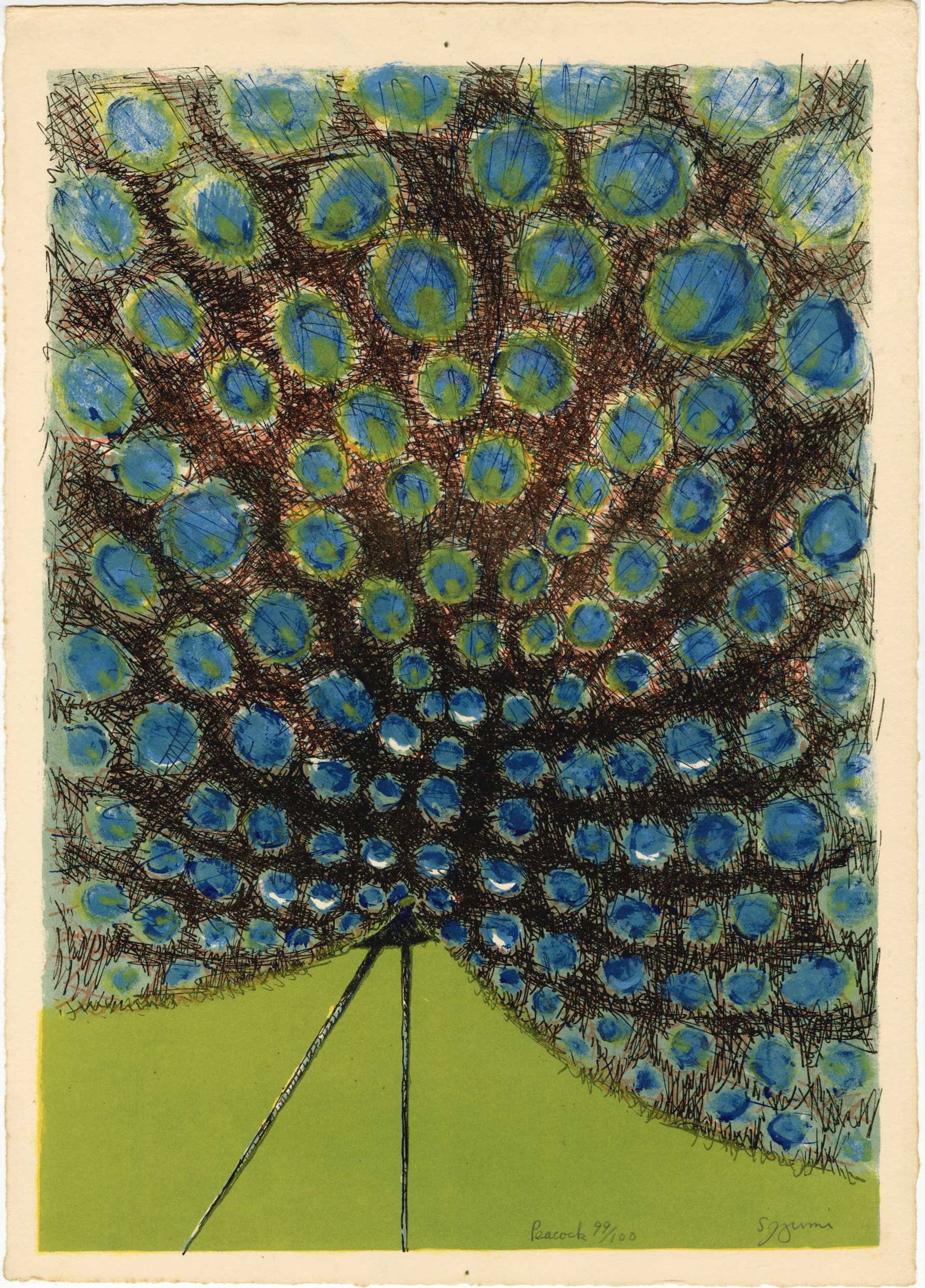 Shiguru Izumi: Peacock 1957 Lithograph NR: Japanese Lithograph Print, 1957, pencil signed, titled and numbered 99/100 in the image, from the series A Collection of Modern Japanese Prints SIZE IN INCHES: oban, 11.75 x 16.75 inches SHIGERU IZUMI