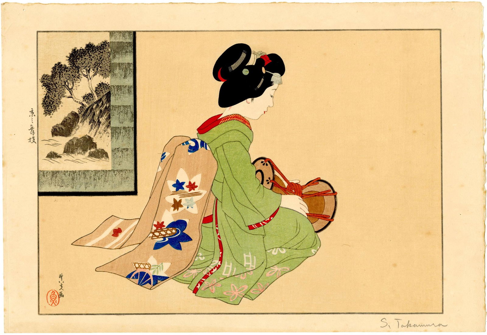 Takamura Masao.: Resting 1936 Woodblock NR: Japanese Woodblock Print, 1936, included in the portfolio of prints titled Capturing the New Age along with prints by Hiroshi Yoshida, Goro Tsuruta, Toraji Ishikawa among others. SIZE IN INCHES: oban,