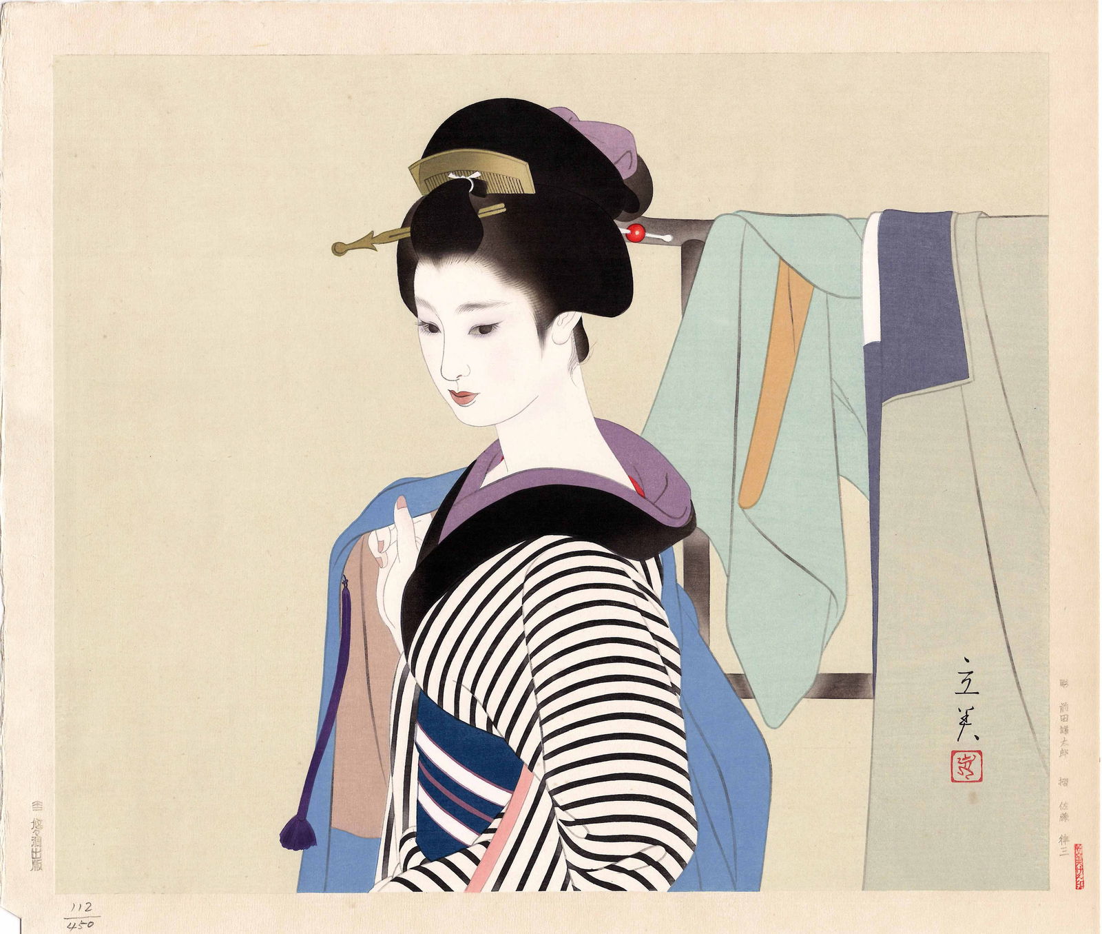 Tatsumi Shimura: Haori (Jacket) 1970 1st Ed Woodblock: Japanese Woodblock Print, 1970, first edition, pencil numbered 112/450, sealed Tatsumi SIZE IN INCHES: dai-oban 19 x 16.25 inches TATSUMI SHIMURA (1907-1980), is known for designing bijin-ga prints to