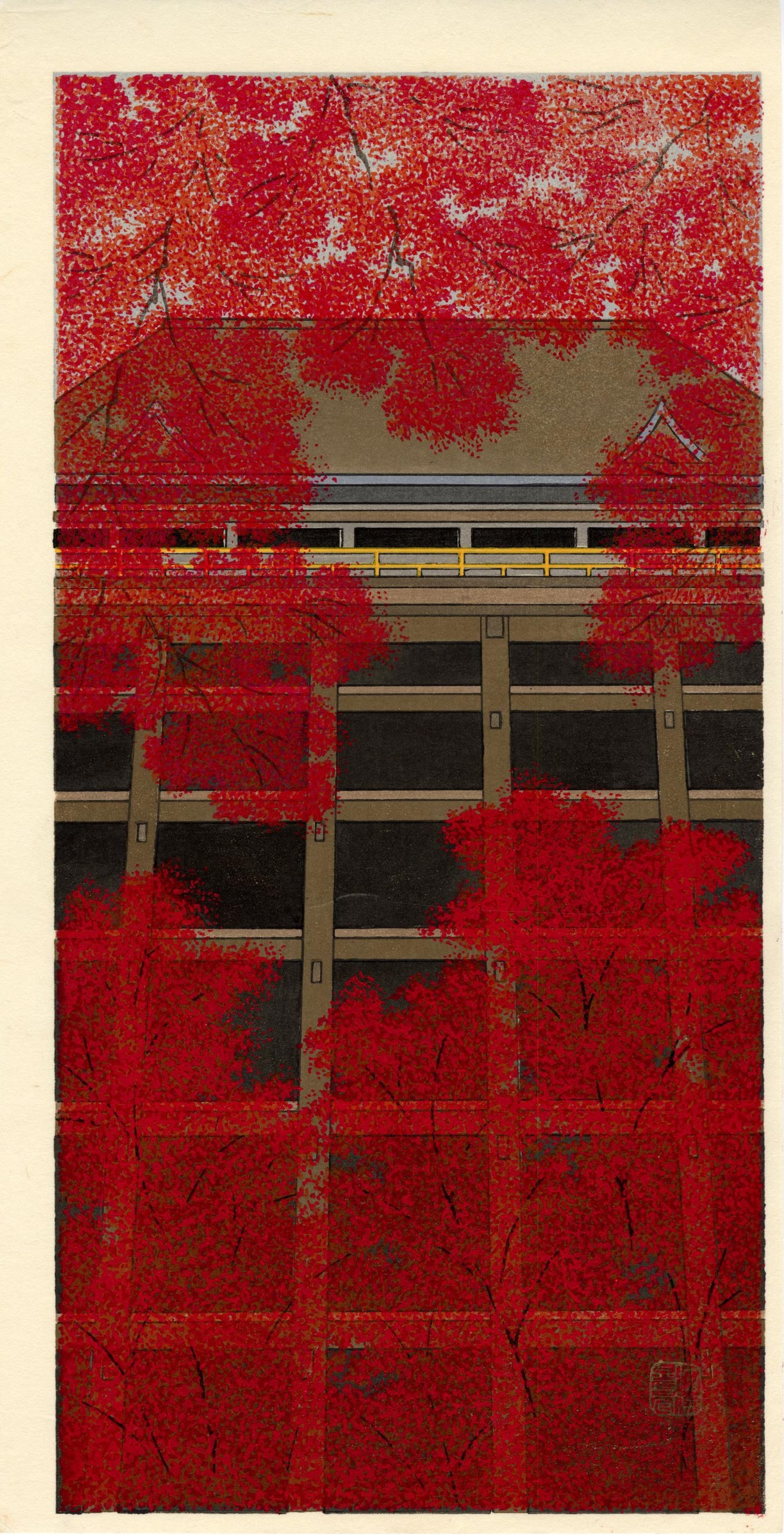 Teruhide Kato: Kiyomizudera Stage and Maples 1995 NR: Japanese Woodblock Print, 1995, published by Unsodo SIZE IN INCHES: 9 x 17 inches TERUHIDE KATO (1936-2015) was one of Japan's leading kimono designers. He closed down his atelier in 1987 and turned t