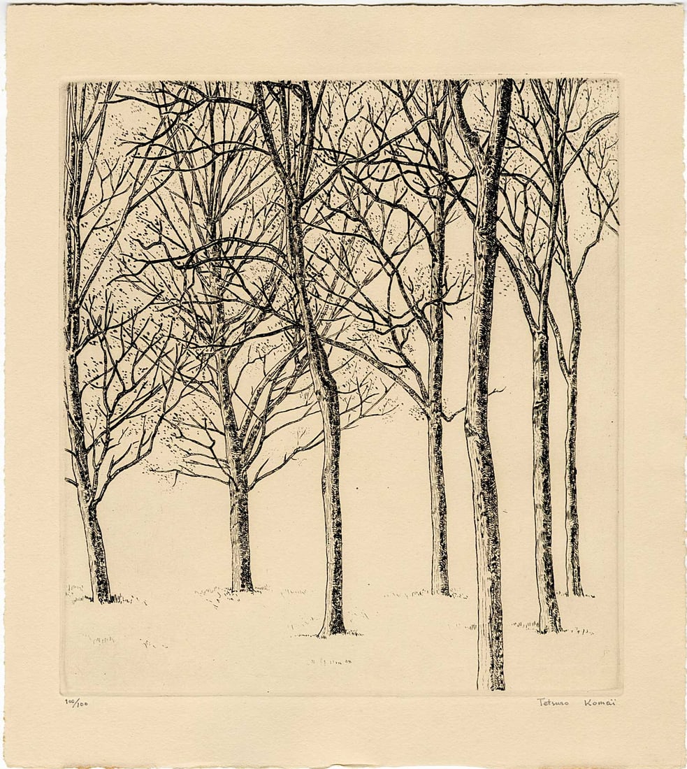 Tetsuro Komai: Trees 1957 Etching: Japanese Etching, 1957, pencil signed and numbered 100/100, from the series A Collection of Modern Japanese Prints SIZE IN INCHES: shikishi, 10 x 11.25, inches KOMAI TETSURO (1920-1976) began to learn