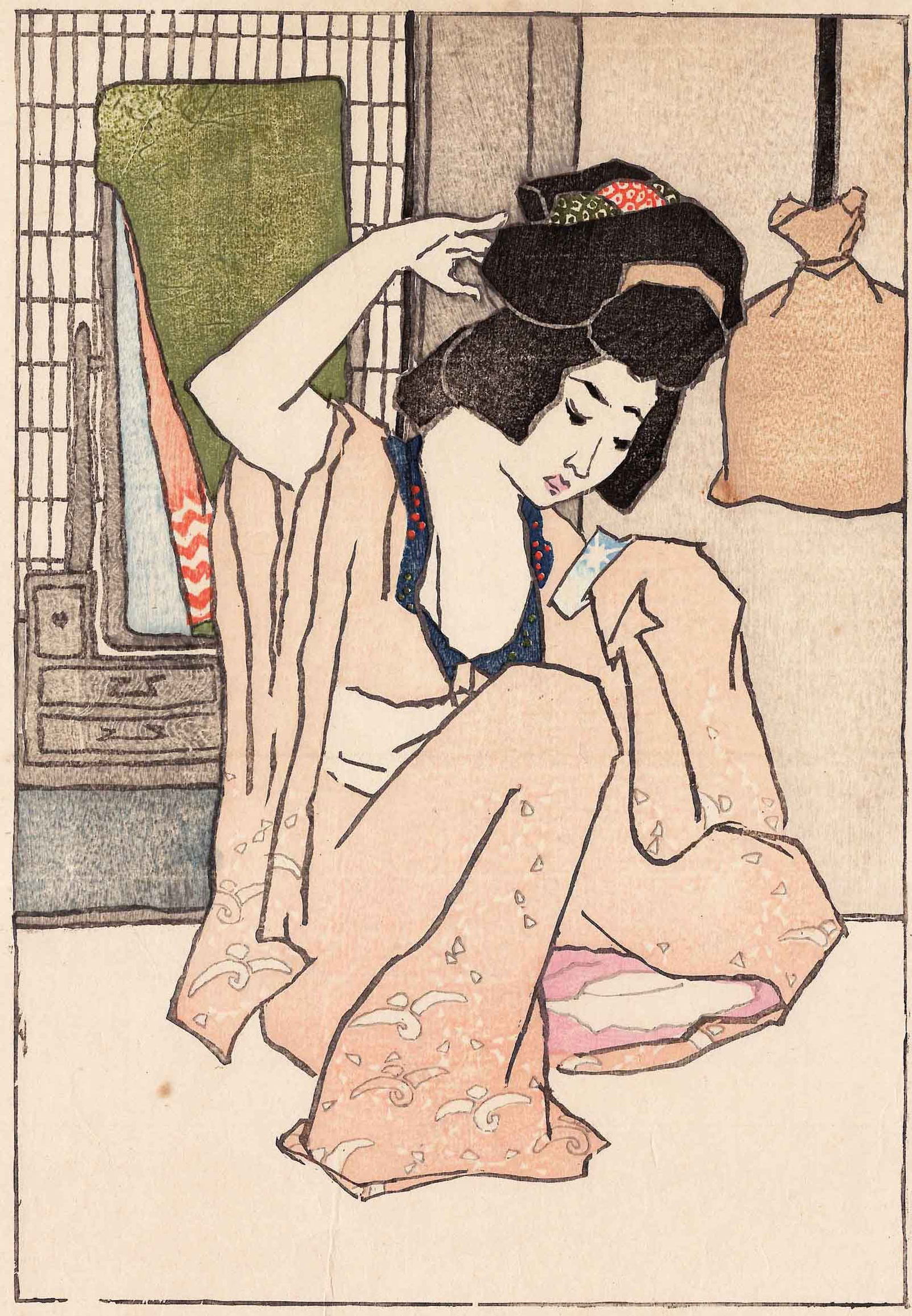 Tobari Kogan: Before the Mirror 1914 Woodblock: Japanese Woodblock Print, 1914, self-published by Tobari Kogan SIZE IN INCHES: 14.5 x 20.5 inches including margins COMMENTS: TOBARI KOGAN (1882-1927) was born in the Nihonbashi district of Tokyo, and
