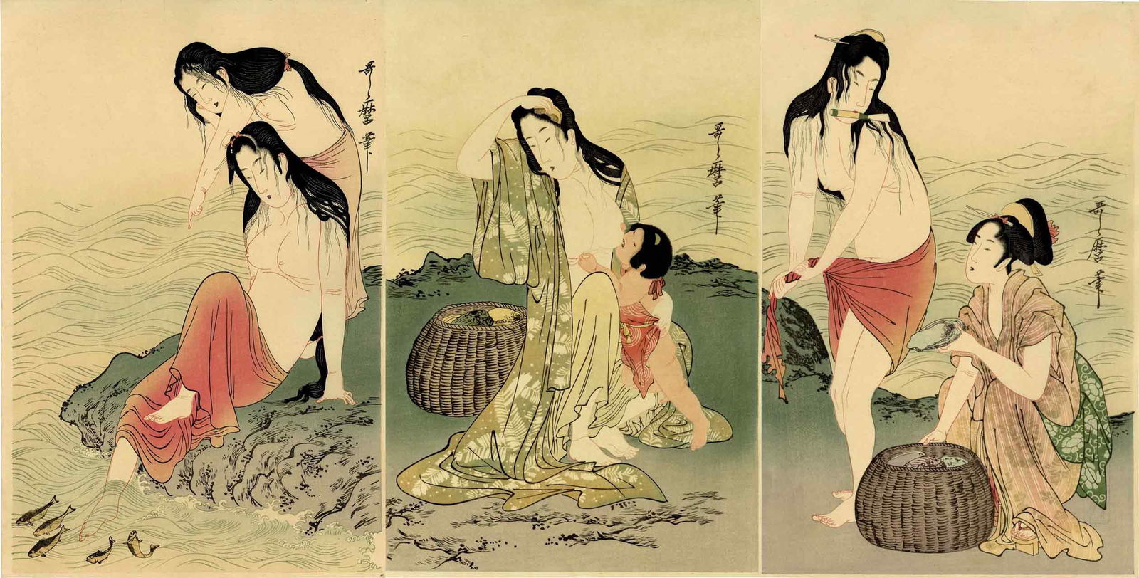 Utamaro Kitagawa: Awabi Divers Triptych NR: Japanese Woodblock Print, originally published 1797, full title is Awabitori Abalone Divers , from the series Women's Handiworks , this is a Showa era edition published from recarved woodblocks by Tak