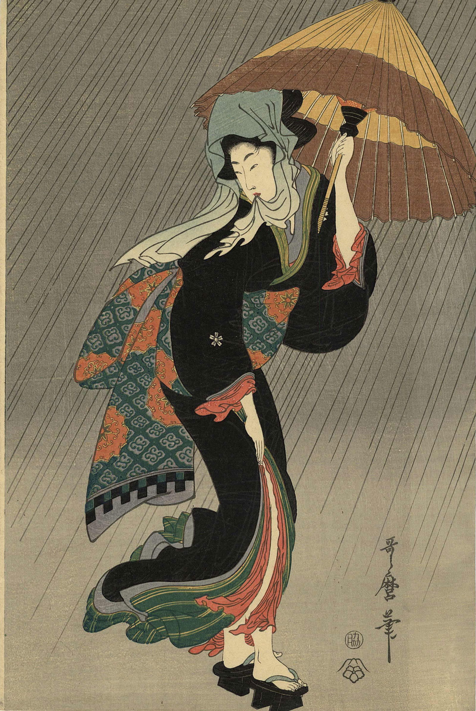 Utamaro Kitagawa: Woman in Rain with Umbrella Woodblock NR: Japanese Woodblock Print, originally c.1800, this is from a Showa era edition from recarved woodblocks SIZE IN INCHES: oban , 9.75 x 14.5 inches KITAGAWA UTAMARO, (1753-1806), was a Japanese printmake