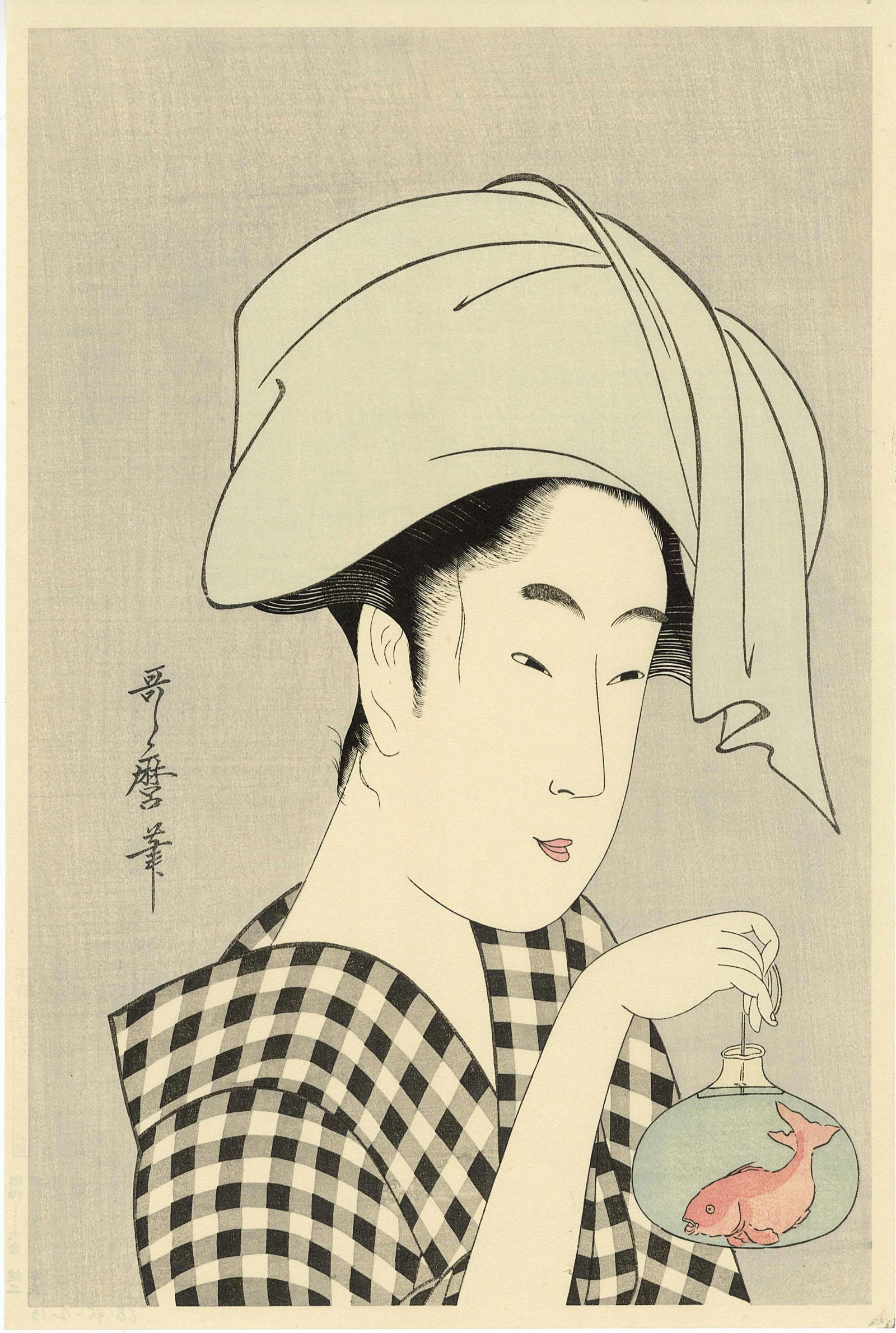 Utamaro Kitagawa: Woman with Goldfish Woodblock NR: Japanese Woodblock Print, originally c.1800, this is from a Showa era edition from recarved woodblocks SIZE IN INCHES: oban , 10.5 x 15.5 inches KITAGAWA UTAMARO, (1753-1806), was a Japanese printmake