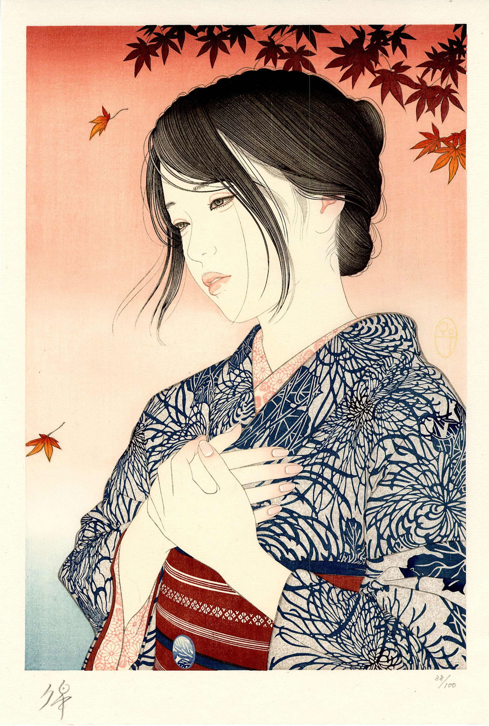 Yu Miyazawa: Twilight 2025 1st Ed Woodblock: Japanese Woodblock Print, 2025 1st edition, numbered 38/100, and signed in bottom margin; published by Adachi SIZE IN INCHES: oban , 10.5 x 15.5 inches YU MIYAZAKI (b.1973) is a contemporary artist li