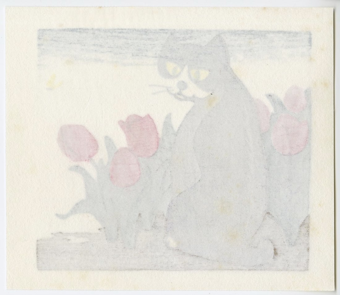 Tomoo Inagaki: Cat and Tulips Woodblock - 2