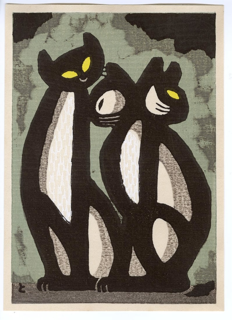 Tomoo Inagaki: Friendly Cats Woodblock: Japanese Woodblock Print, 1972, self published by Inagaki SIZE IN INCHES: 4.75 x 5.5 inches INAGAKI TOMOO (1902-1980) was born in Tokyo and graduated from the Okura Commercial High School. He was intr
