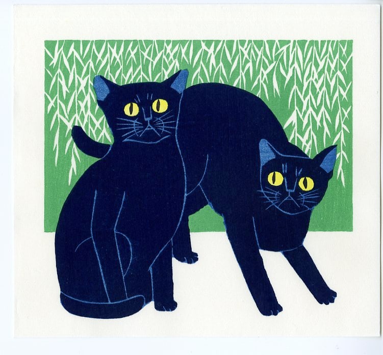 Tadashige Nishida: Willow and Two Cats Woodblock NR: Japanese Woodblock Print. Printed by Watanabe. SIZE IN INCHES: 6.75 x 7.5 inches TADASHIGE NISHIDA was born in 1942, in Kagoshima Prefecture in Japan. After graduating from The University of Chiba in