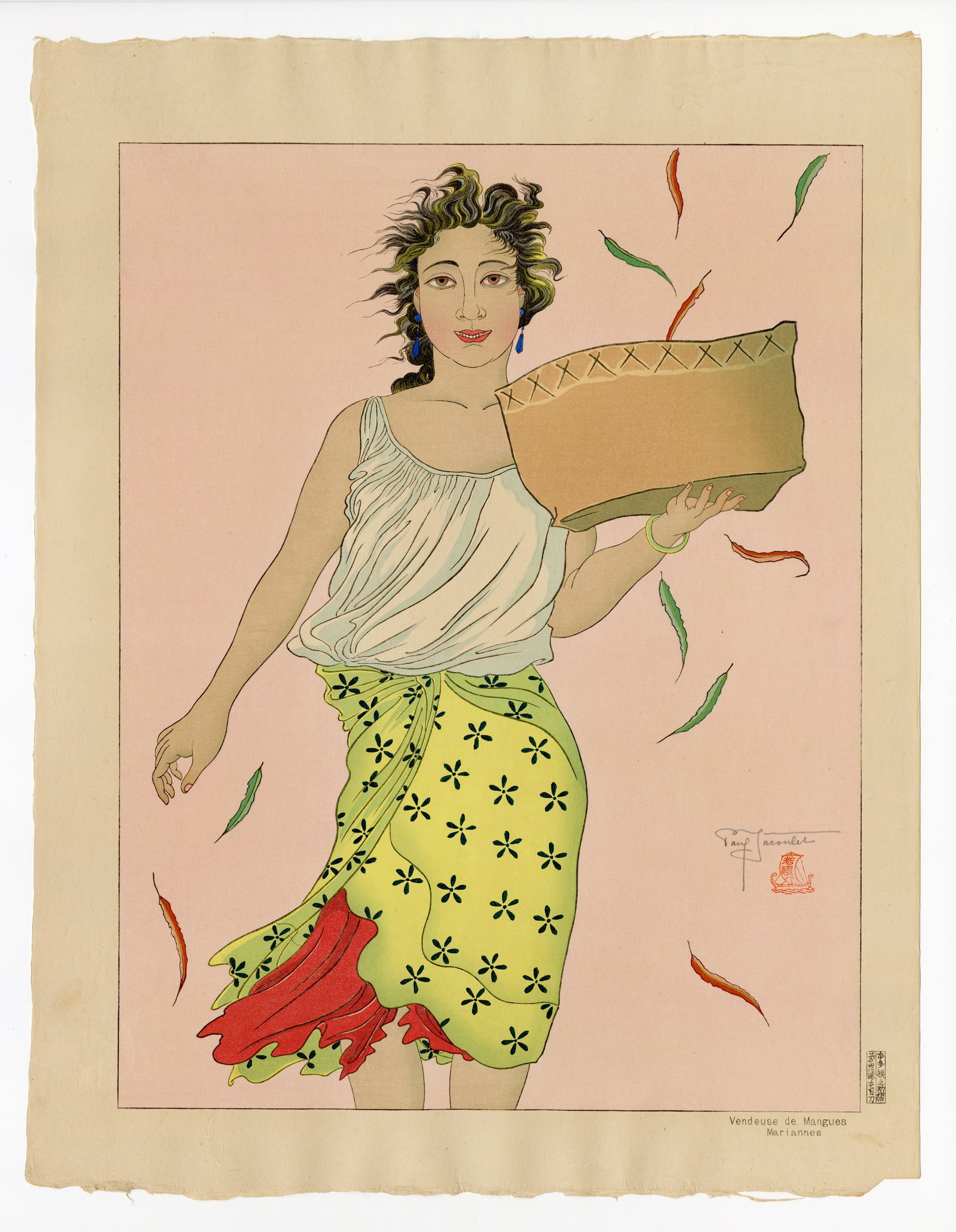 Jacoulet Paul: Vendeuse de Mangues, 1939: Japanese Woodblock Prints, 1939, self published by Jacoulet SIZE IN INCHES: 18.5 x 14.25 inches COMMENTS: Pristine colors; numbered 289/350 PAUL JACOULET (1896-1960) was a French, Japan-based woodbloc