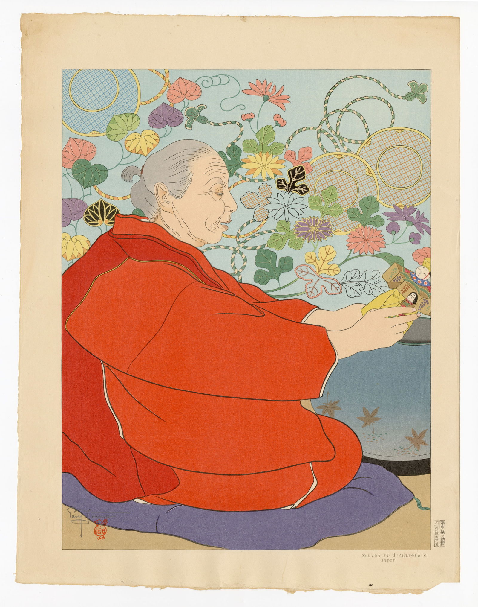 Jacoulet Paul: Souvenirs d'Autrefois. Japon 1941: Japanese Woodblock Prints, 1939, self published by Jacoulet SIZE IN INCHES: 18.5 x 14.25 inches COMMENTS: Pristine colors; numbered 103/350 PAUL JACOULET (1896-1960) was a French, Japan-based woodbloc