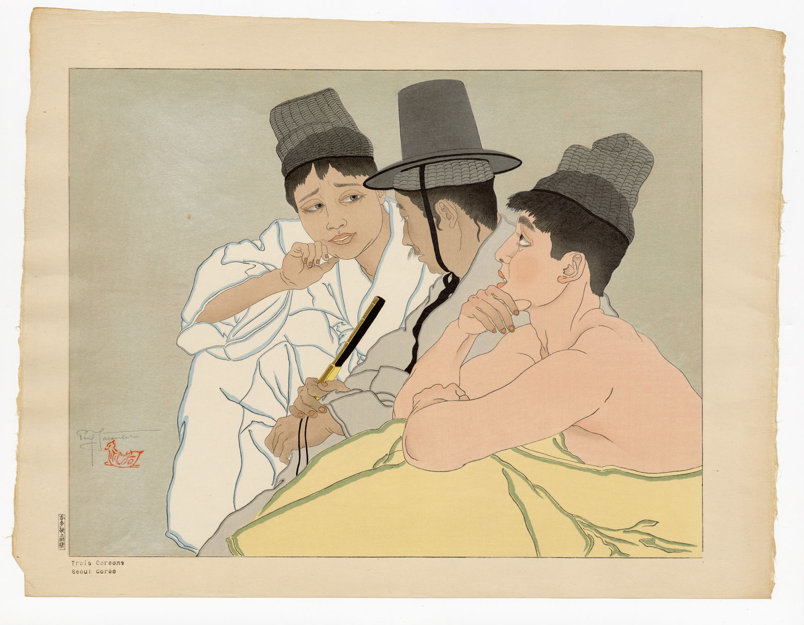 Jacoulet Paul: Trois Coréens, Séoul, Corée 1935: Japanese Woodblock Prints, 1935, self published by Jacoulet SIZE IN INCHES: 18.5 x 14.25 inches COMMENTS: Pristine colors; numbered 103/350 PAUL JACOULET (1896-1960) was a French, Japan-based woodbloc