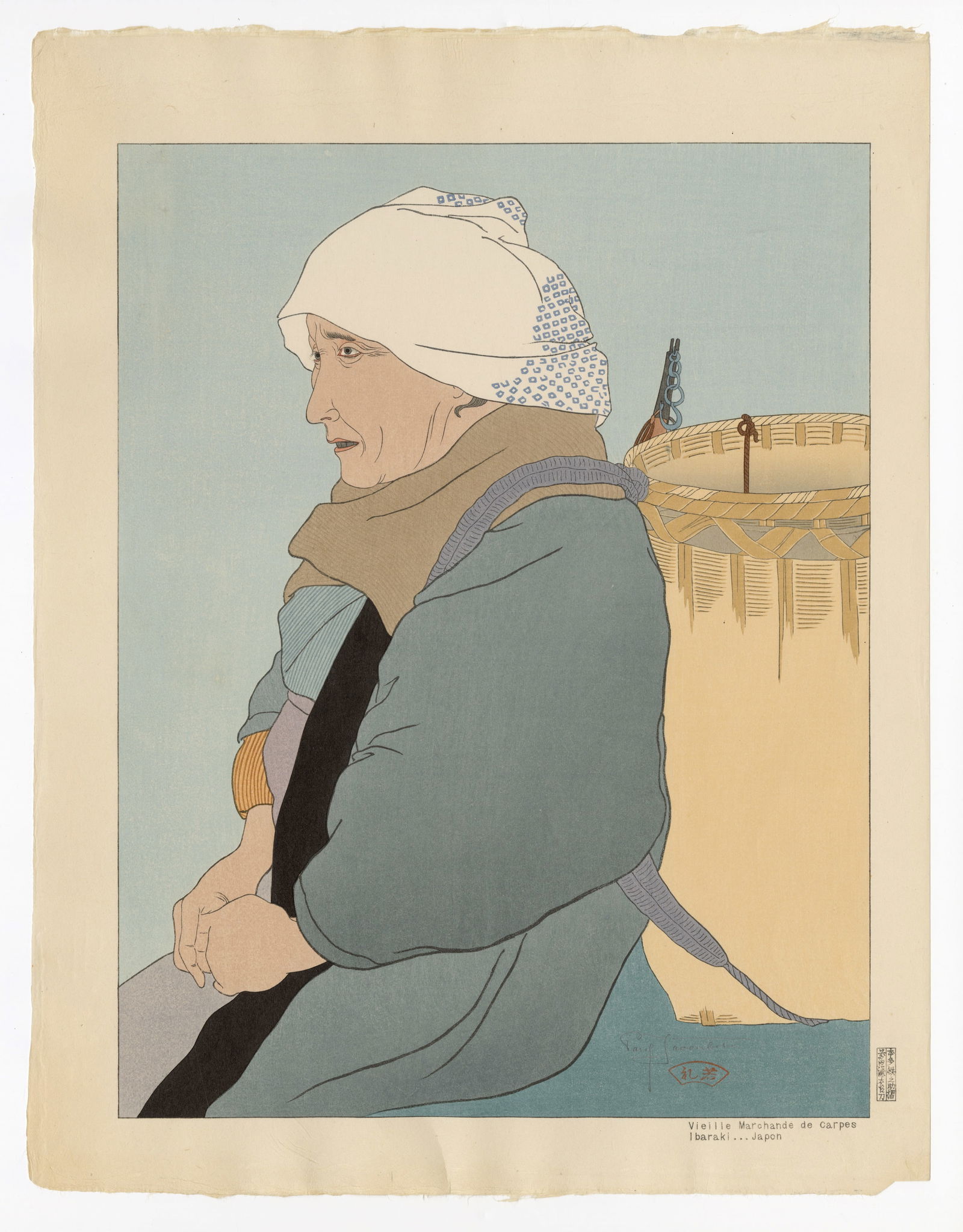 Jacoulet Paul: Vielle Marchande de Carpes, Ibaraki, Japon 1934: Japanese Woodblock Prints, 1934, self published by Jacoulet SIZE IN INCHES: 18.5 x 14.25 inches COMMENTS: Pristine colors; numbered 103/350 PAUL JACOULET (1896-1960) was a French, Japan-based woodbloc