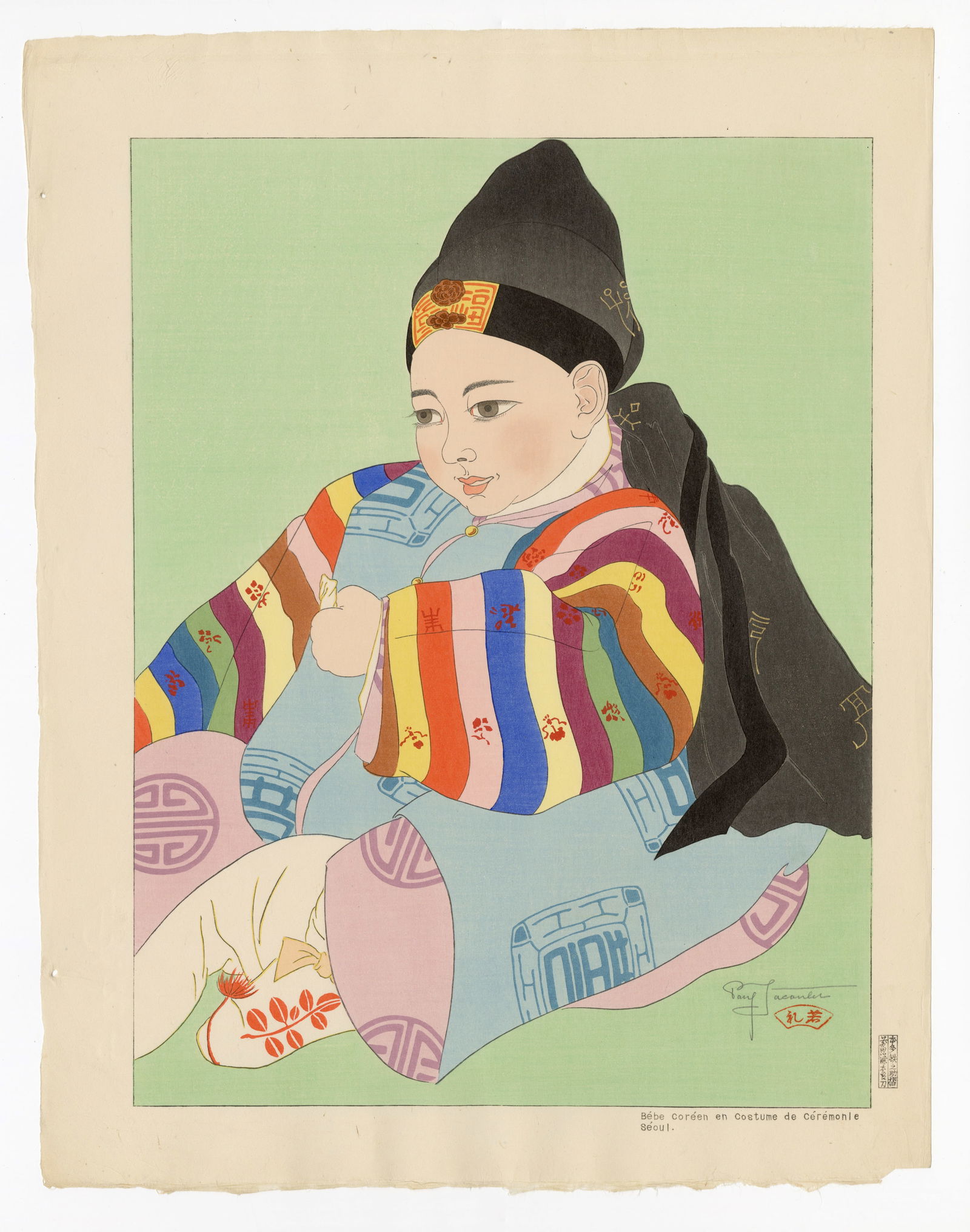 Jacoulet Paul: Bébé Coréen en Costume de Cérémonie 1934: Japanese Woodblock Prints, 1934, self published by Jacoulet SIZE IN INCHES: 18.5 x 14.25 inches COMMENTS: Pristine colors; numbered 103/350 PAUL JACOULET (1896-1960) was a French, Japan-based woodbloc