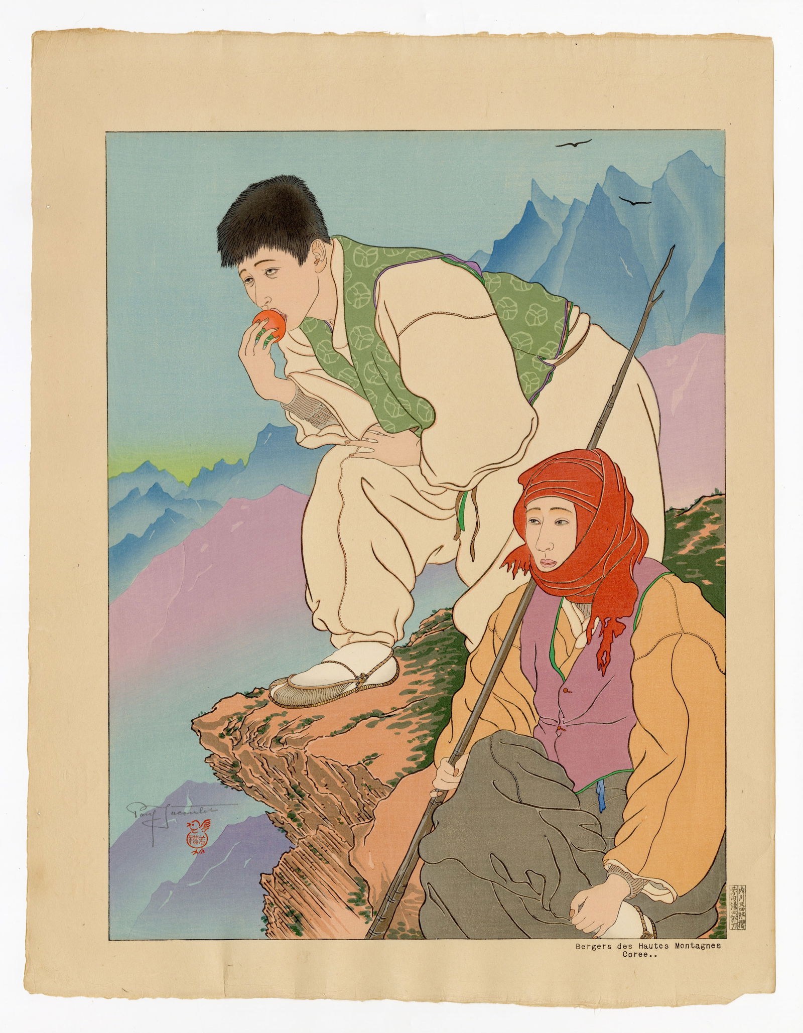 Paul Jacoulet: Bergers des Hautes Montagnes. Coré 1941: Japanese Woodblock Prints, 1941, self published by Jacoulet SIZE IN INCHES: 18.5 x 14.25 inches COMMENTS: Pristine colors; numbered 189/350 PAUL JACOULET (1896-1960) was a French, Japan-based woodbloc