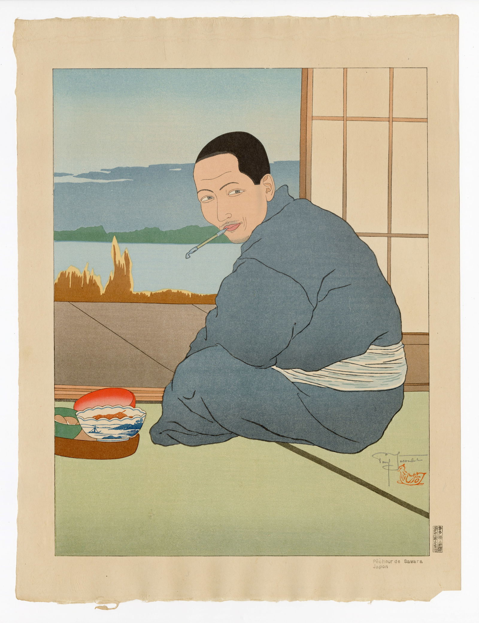 Paul Jacoulet: Pecheur de Sawara, Japon 1936: Japanese Woodblock Prints, 1936, self published by Jacoulet SIZE IN INCHES: 18.5 x 14.25 inches COMMENTS: Pristine colors; numbered 215/350 PAUL JACOULET (1896-1960) was a French, Japan-based woodbloc
