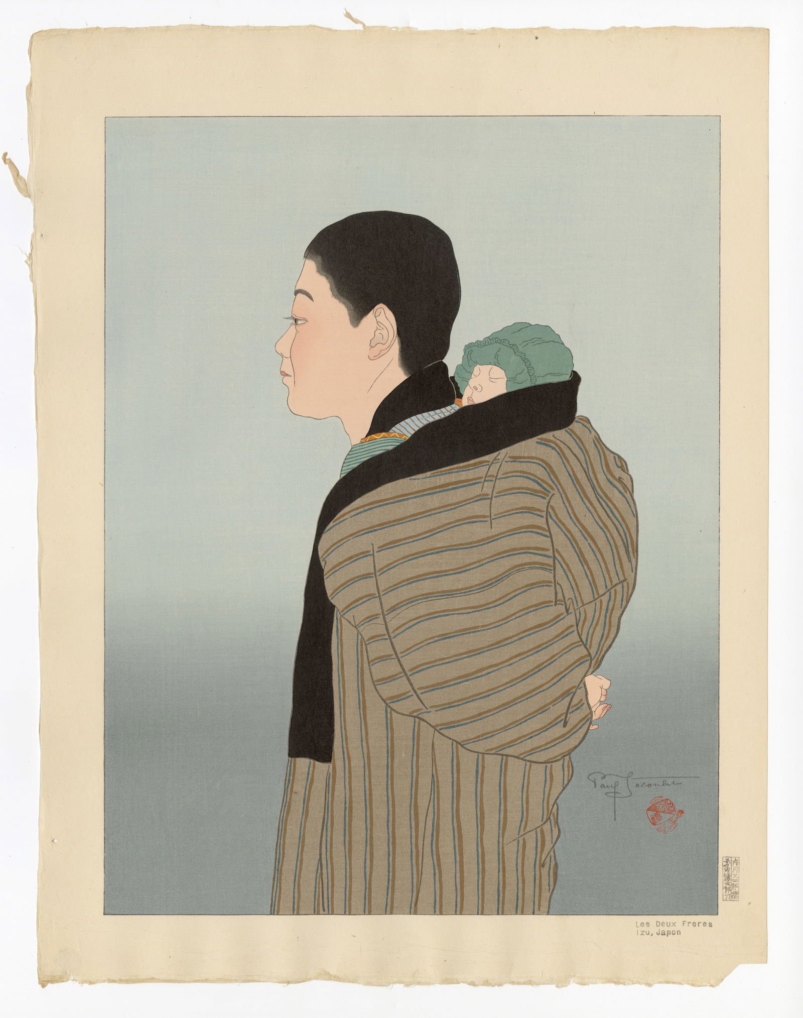 Paul Jacoulet: Les Deux Frères, Izu, Japon 1936: Japanese Woodblock Prints, 1936, self published by Jacoulet SIZE IN INCHES: 18.5 x 14.25 inches COMMENTS: NOTE: Pristine colors; Kanji edition PAUL JACOULET (1896-1960) was a French, Japan-based woodb