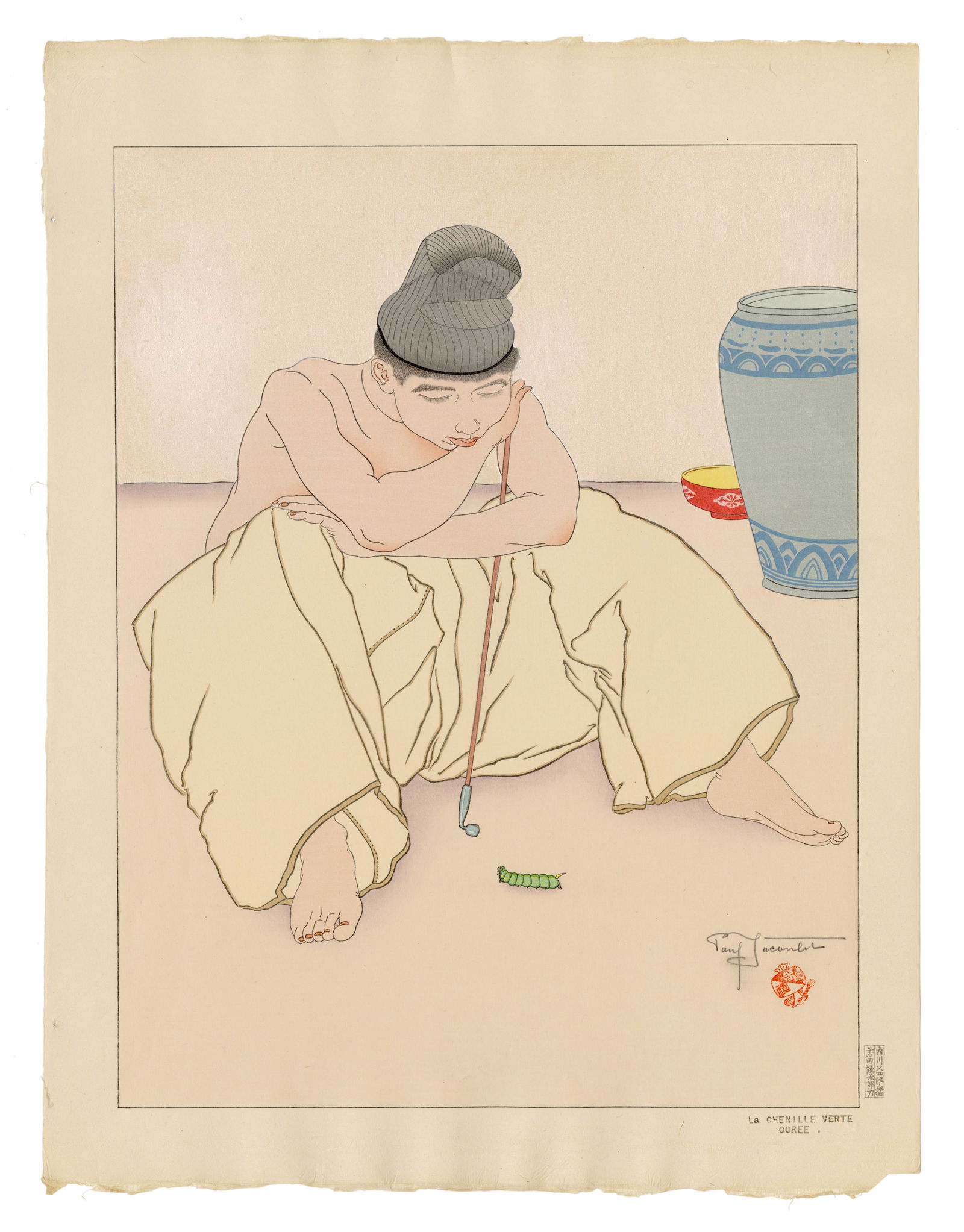 Paul Jacoulet: La Chenille Verte 1937: Japanese Woodblock Prints, 1937, self published by Jacoulet SIZE IN INCHES: 18.5 x 14.25 inches COMMENTS: NOTE: Pristine colors; numbered 300/350 PAUL JACOULET (1896-1960) was a French, Japan-based wo
