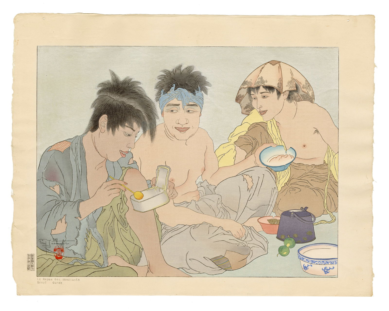Paul Jacoulet: Le Repas Des Mendiants, Seoul, Coree 1938: Japanese Woodblock Prints, 1938, self published by Jacoulet SIZE IN INCHES: 18.5 x 14.25 inches COMMENTS: NOTE: Pristine colors; Kanji edition, numbered 156/350 PAUL JACOULET (1896-1960) was a French,