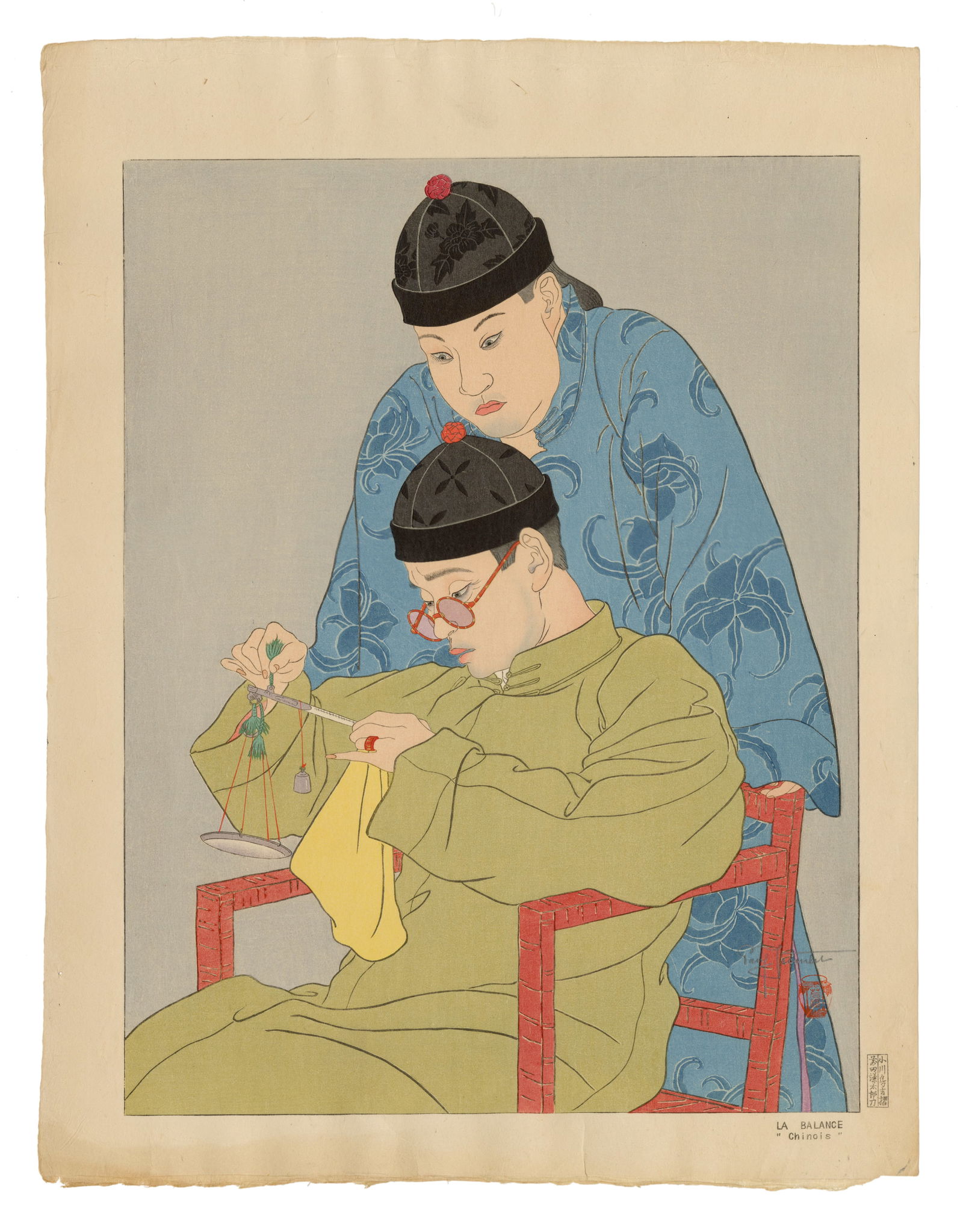 Paul Jacoulet: La Balance. Chinois 1939: Japanese Woodblock Prints, 1939, self published by Jacoulet SIZE IN INCHES: 18.5 x 14.25 inches COMMENTS: Pristine colors; numbered 334/350 PAUL JACOULET (1896-1960) was a French, Japan-based woodbloc