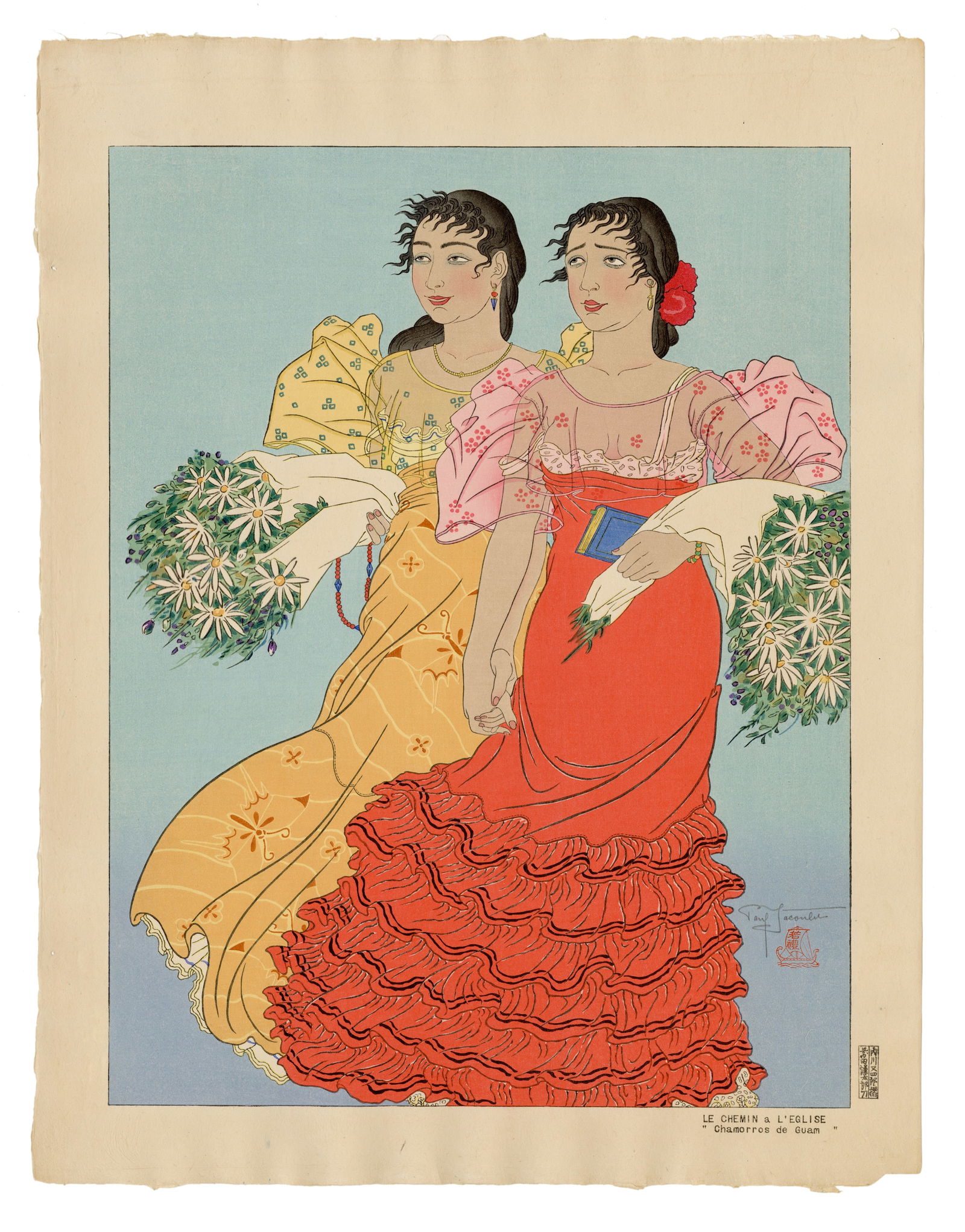 Paul Jacoulet: Le Chemin à l'Église, Chamorres de Guam 1939: Japanese Woodblock Prints, 1939, self published by Jacoulet SIZE IN INCHES: 18.5 x 14.25 inches COMMENTS: Pristine colors; Kanji edition, numbered 9/100 PAUL JACOULET (1896-1960) was a French, Japan-b