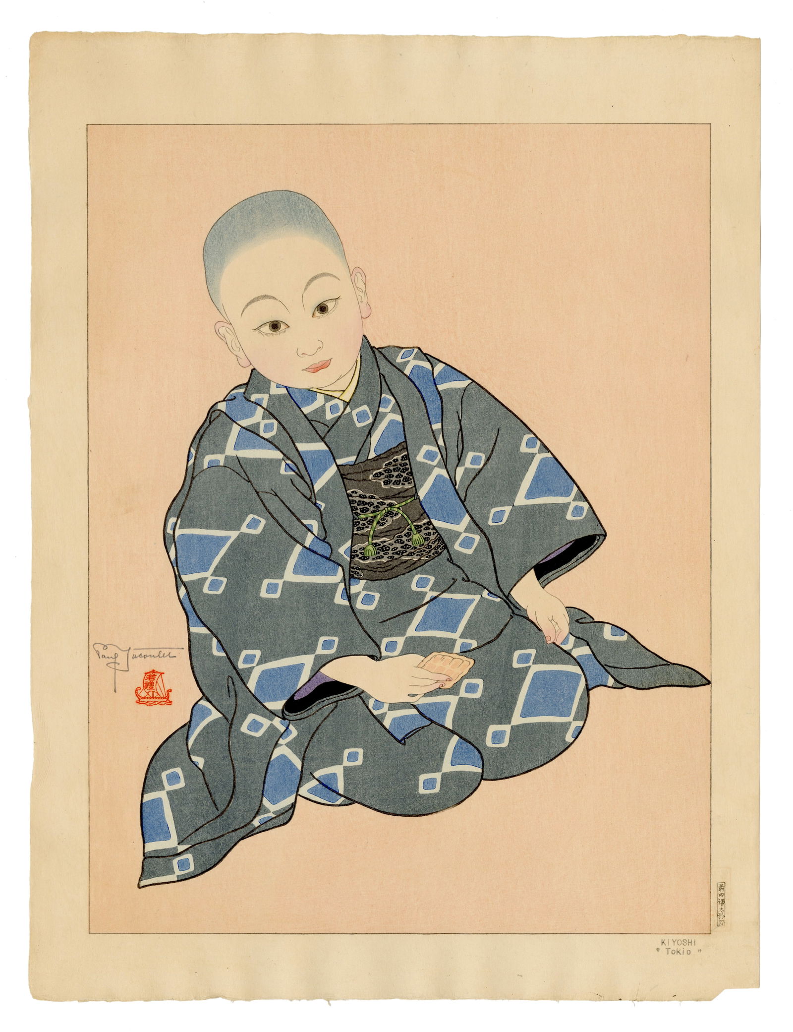 Paul Jacoulet: Kiyoshi, Tokio 1939: Japanese Woodblock Prints, 1939, self published by Jacoulet SIZE IN INCHES: 18.5 x 14.25 inches COMMENTS: Pristine colors; Kanji edition, numbered 8/100 PAUL JACOULET (1896-1960) was a French, Japan-b