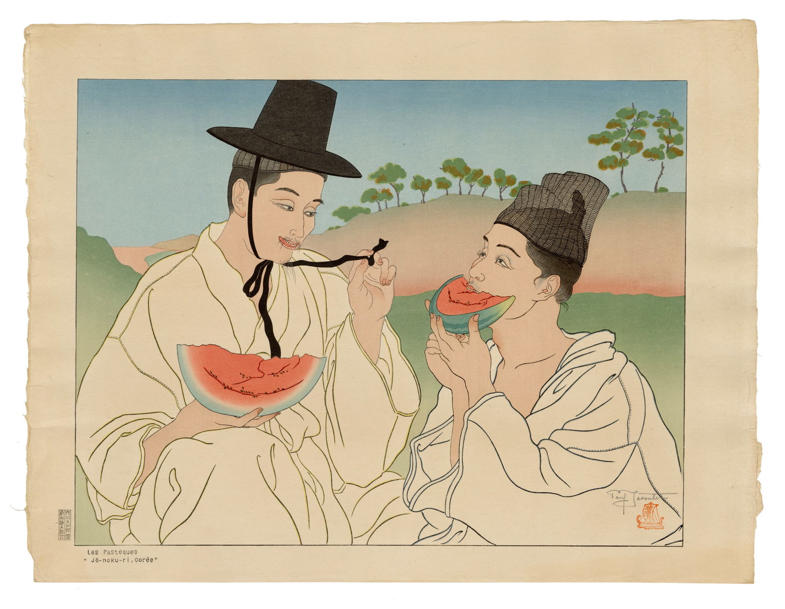 Paul Jacoulet: Les Pasteques, Jo-noku-ri, Corée 1939: Japanese Woodblock Prints, 1939, self published by Jacoulet SIZE IN INCHES: 18.5 x 14.25 inches COMMENTS: Pristine colors; numbered 171/350 PAUL JACOULET (1896-1960) was a French, Japan-based woodbloc