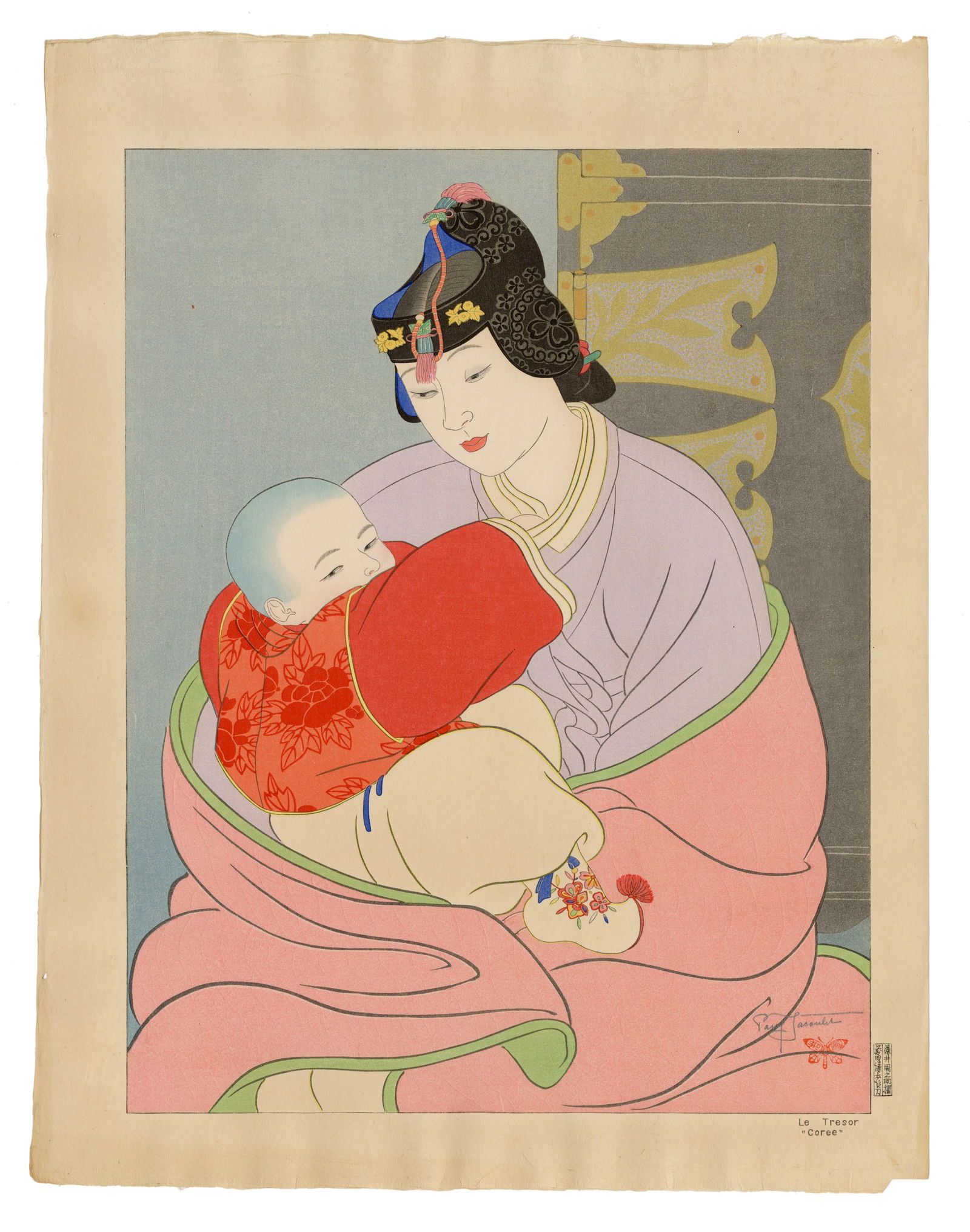 Paul Jacoulet: Le Trésor, Corée 1940: Japanese Woodblock Prints, 1940, self published by Jacoulet SIZE IN INCHES: 18.5 x 14.25 inches COMMENTS: Pristine colors; numbered 313/350 PAUL JACOULET (1896-1960) was a French, Japan-based woodbloc