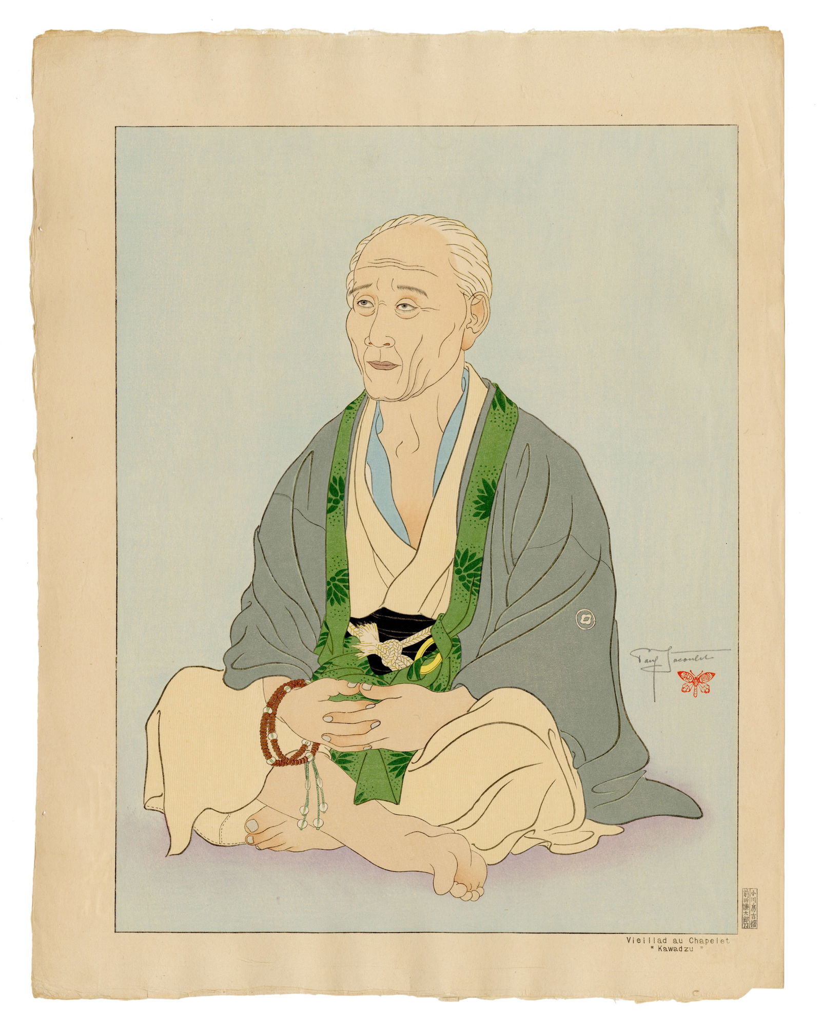 Paul Jacoulet: Vieillad au Chapelet. Kawadzu 1940: Japanese Woodblock Prints, 1940, self published by Jacoulet SIZE IN INCHES: 18.5 x 14.25 inches COMMENTS: Pristine colors; numbered 174/350 PAUL JACOULET (1896-1960) was a French, Japan-based woodbloc