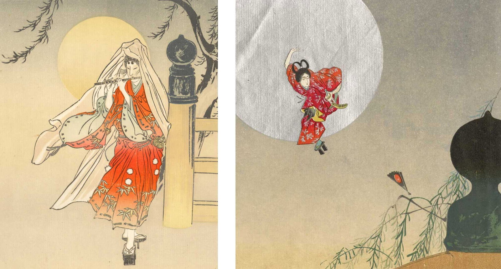 Benkei at Gojo Bridge Woodblocks (2): Japanese Woodblock Print, two prints depicting Benkei at battle of Gojo Bridge, 1930s SIZE IN INCHES: left print: 6.25 x 7.5; right print: 6.5 x 6.5 inches COMMENTS: The legendary encounter between Be