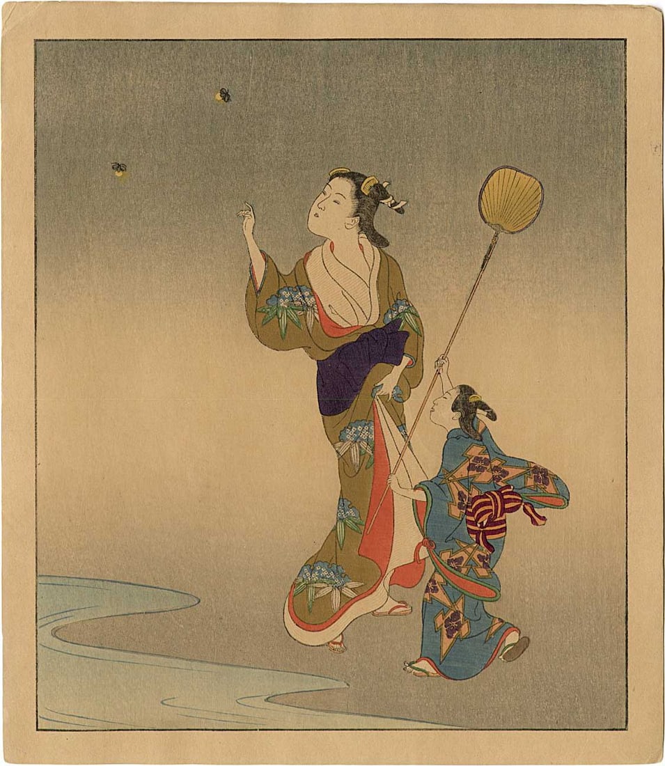 Choki Eishosai: Woman & Child Catching Fireflies Woodblock: Japanese Woodblock Print, 1930s, published by Nishinomiya SIZE IN INCHES: 7.5 x 8.5 inches COMMENTS: 20th-century Nishinomiya reproduction of a celebrated late Edo-period design by Eishosai Choki
