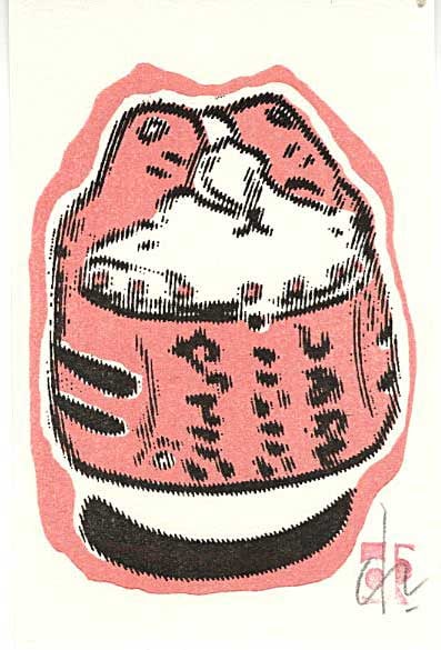 Dominique R.: Cat What's It Woodblock: Woodblock print, self-published SIZE IN INCHES: 2.5 x 4 inches COMMENTS: Playful contemporary print.